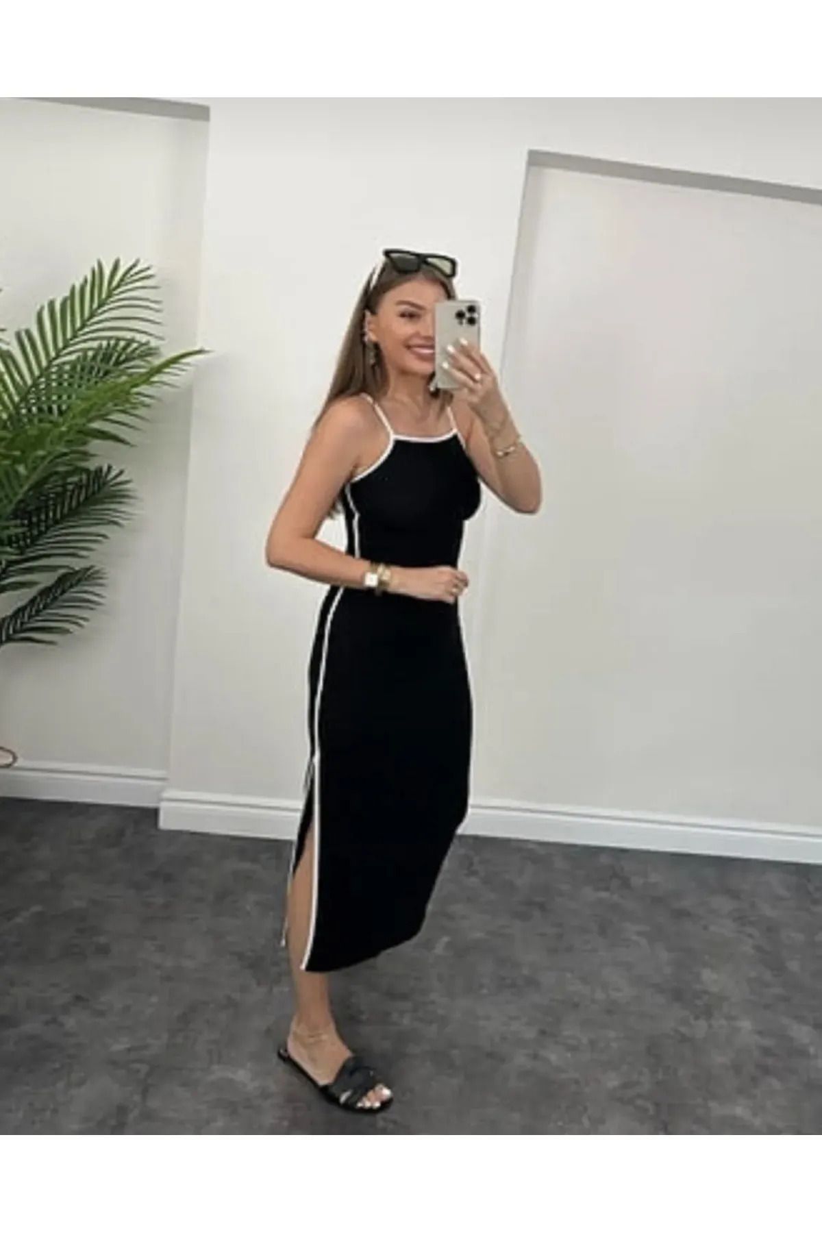 MADAME MELEK Ottoman Fabric Ribbed Rope Strap Maxi Slit Dress