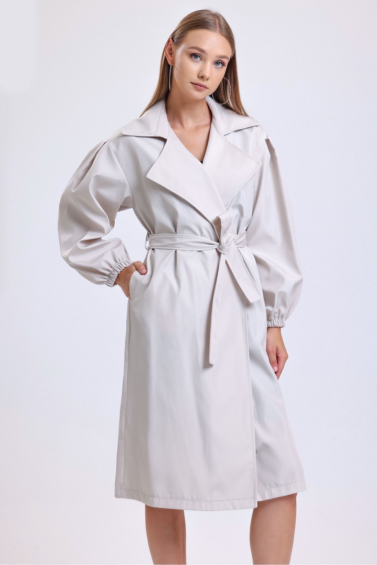 MD trend-Women's Stone Double Pocket Balloon Sleeve Belted Trench Coat 3