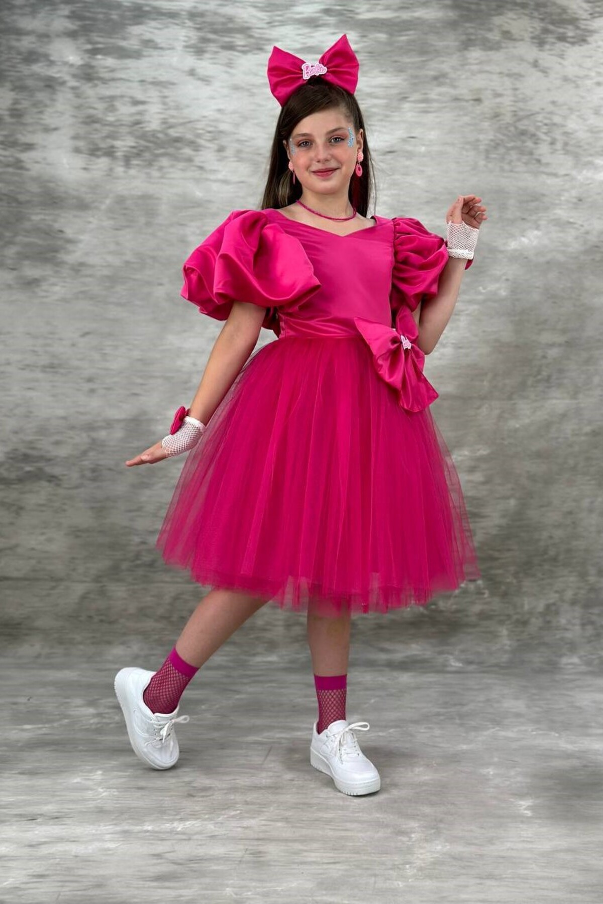 Barbie Tokalı Fuşya Tarz Çocuk Elbisesi ABY930