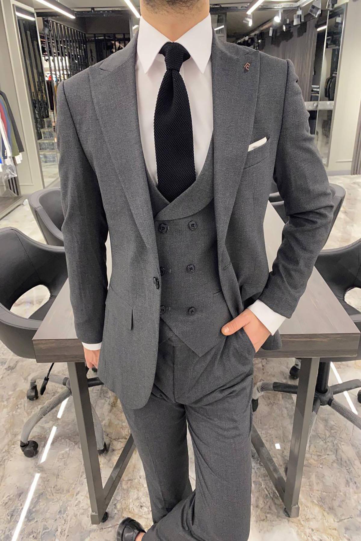 Fc Plus  GENİŞ YAKA DÜZ YELEKLİ ANTRASİT TAKIM ELBİSE