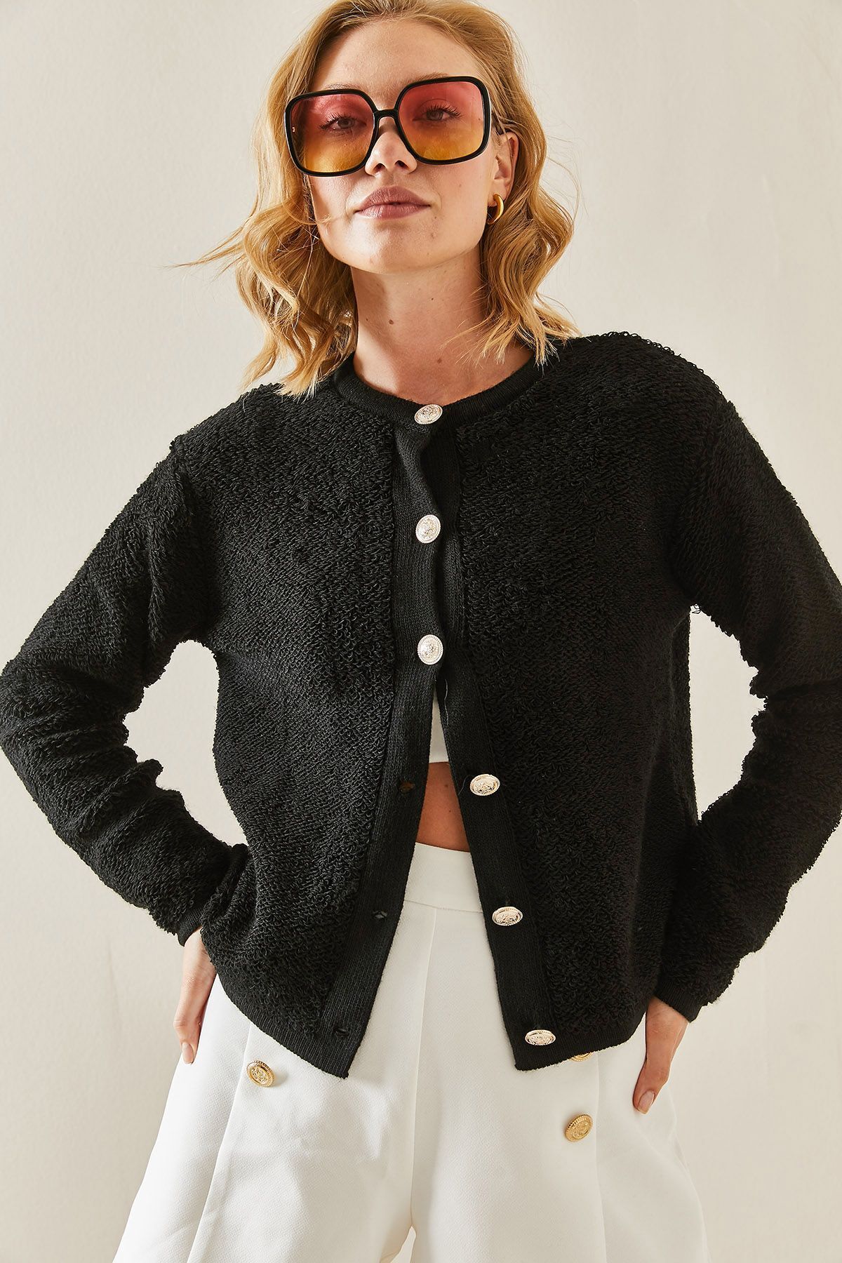 XHAN Black Gold Buttoned Teddy Cardigan 3YXK3 47505 02 Trendyol