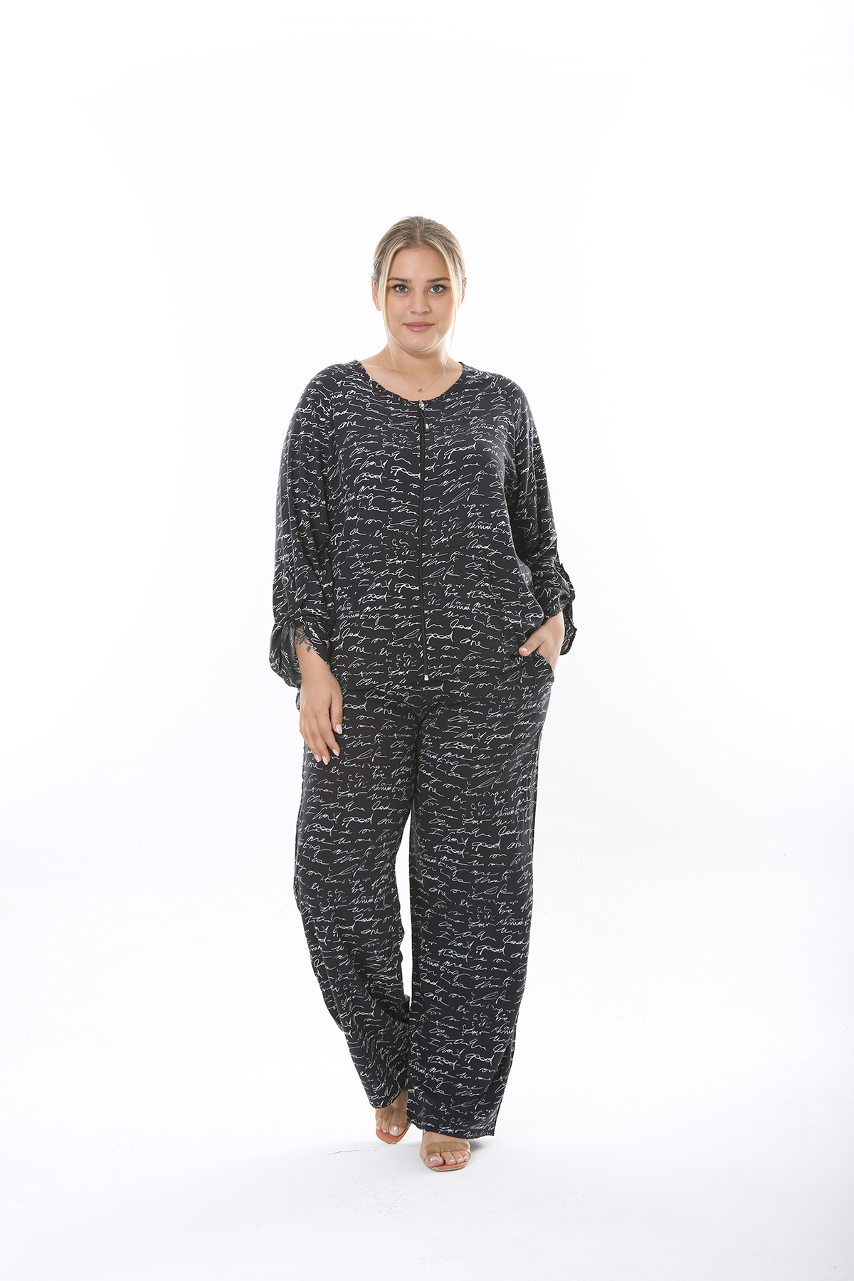 XL Modam KADIN BÜYÜK BEDEN DOKUMA VİSKON SİYAH DESENLİ İKİLİ TAKIM