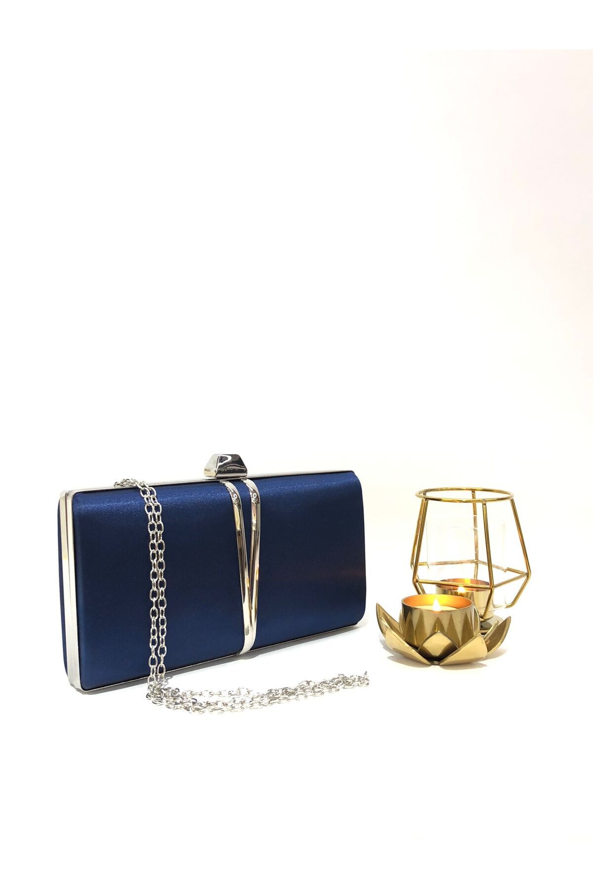 womenacs Navy Blue Color Satin Evening Dress Clutch Portfolio with Hand and Hanger Night Wedding Engagement Bag with Metal Accessories