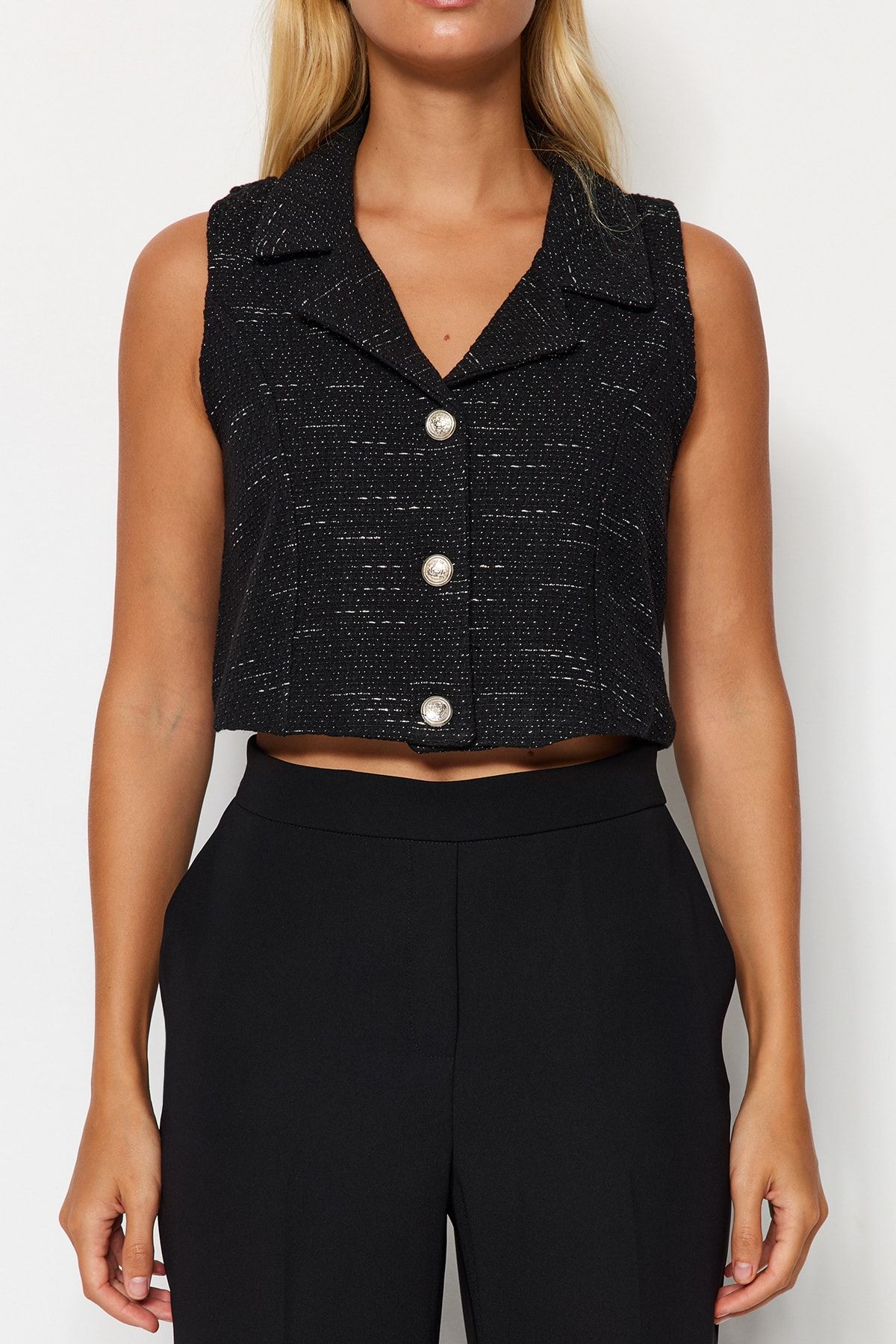 Trendyol Collection-Black Fitted Crop Glitter Fabric Woven Vest TWOAW24YE00056 4