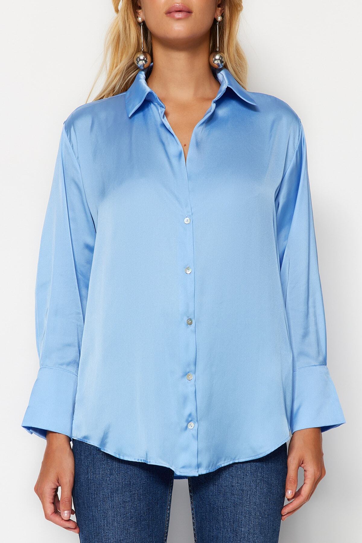  TRENDYOLM?LLA Mavi Oversize/Geni? Kal?p Saten Dokuma G?mlek