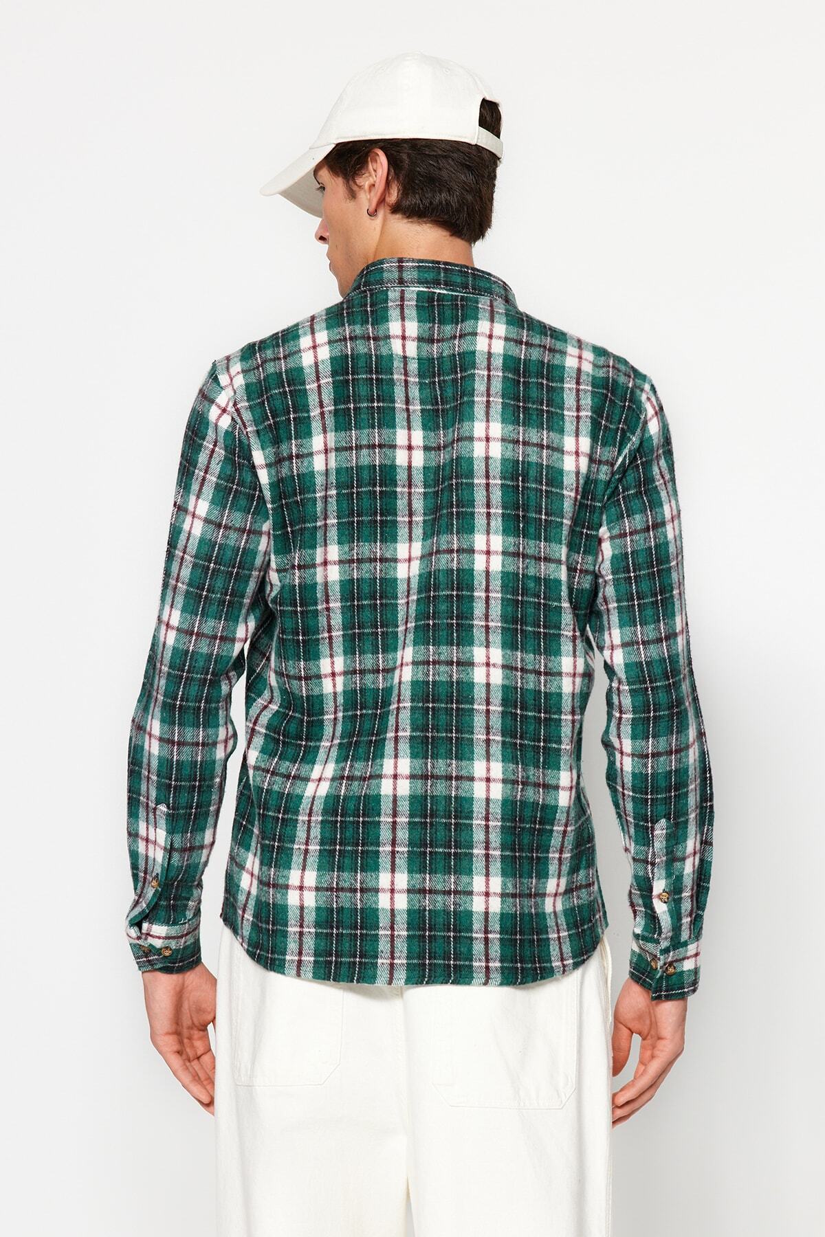Trendyol Collection-Zöld favágó kockás ing - vékony szabású, gombos gallér, téli TMNAW22GO0045 6