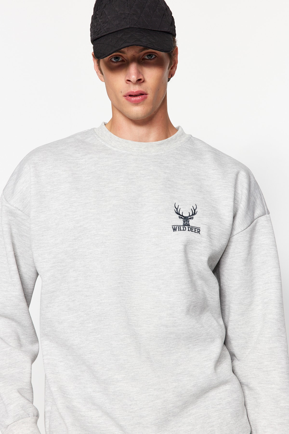 Trendyol Collection Long Sleeve Gray Melange Embroidered Oversize Sweatshirt - TMNAW24SW00164