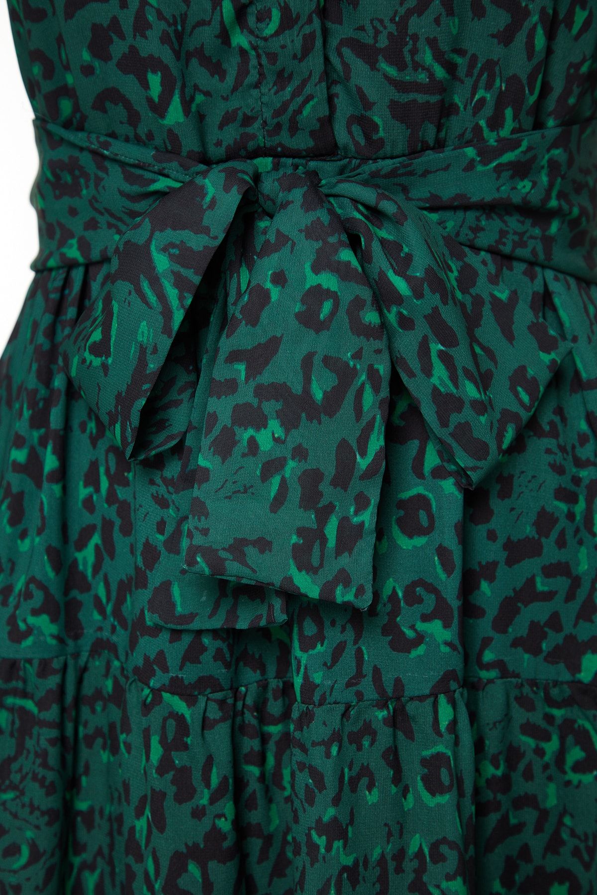 Trendyol Modest-Sötétzöld mintás öv részletesen bélelt sifon szőtt ruha TCTSS21EL3346 8