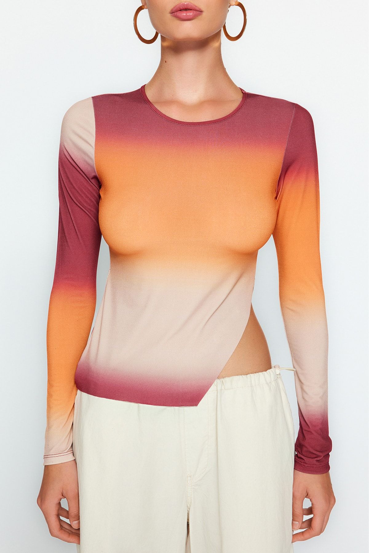 Trendyol Collection-Помаранчева блузка з асиметричним візерунком з стрейчу TWOAW24BZ00178 з градієнтним візерунком 4