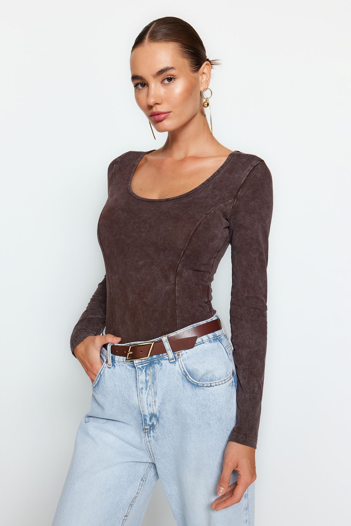 Trendyol Collection-Barna antik/sápadt hatású pamut hosszú ujjú, sztreccs, kötött test test TWOAW24BD00044 2