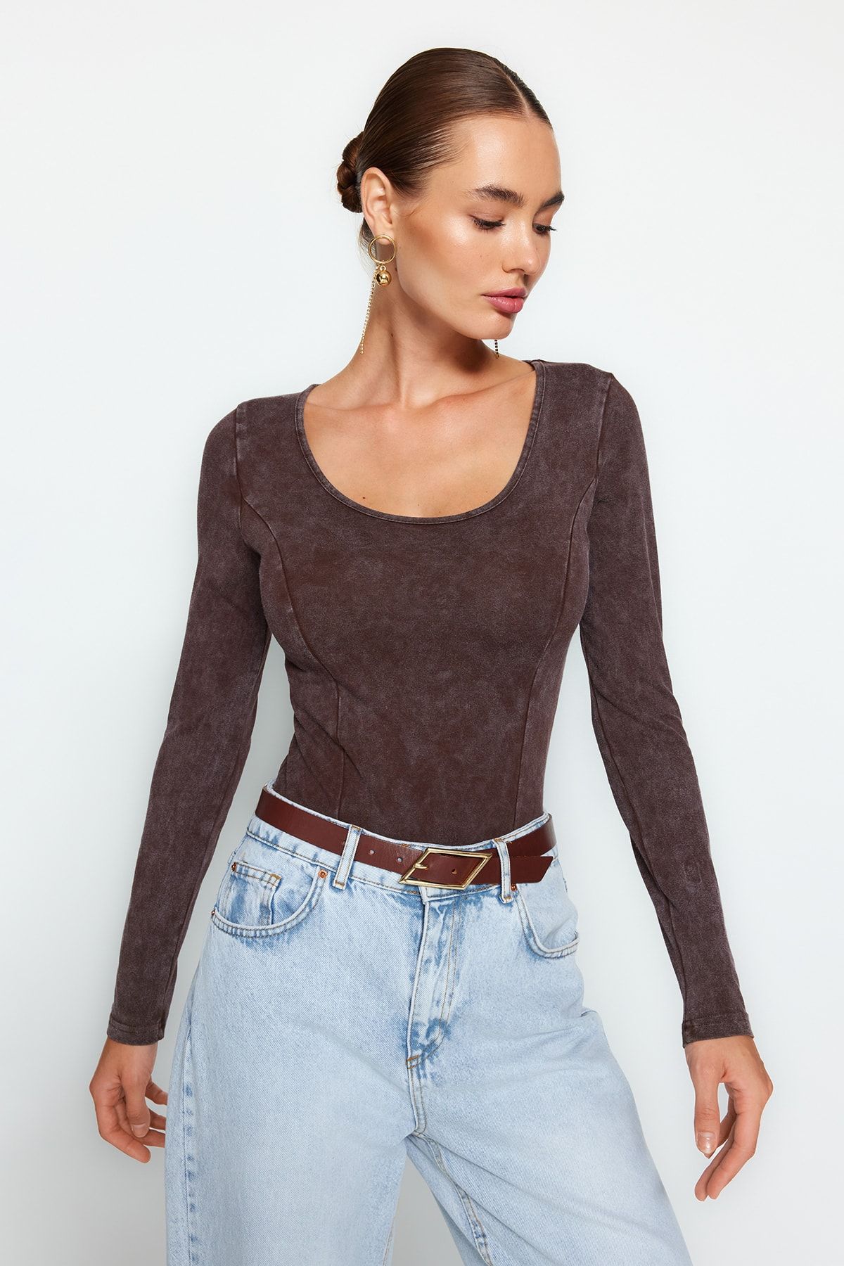Trendyol Collection-Barna antik/sápadt hatású pamut hosszú ujjú, sztreccs, kötött test test TWOAW24BD00044 3
