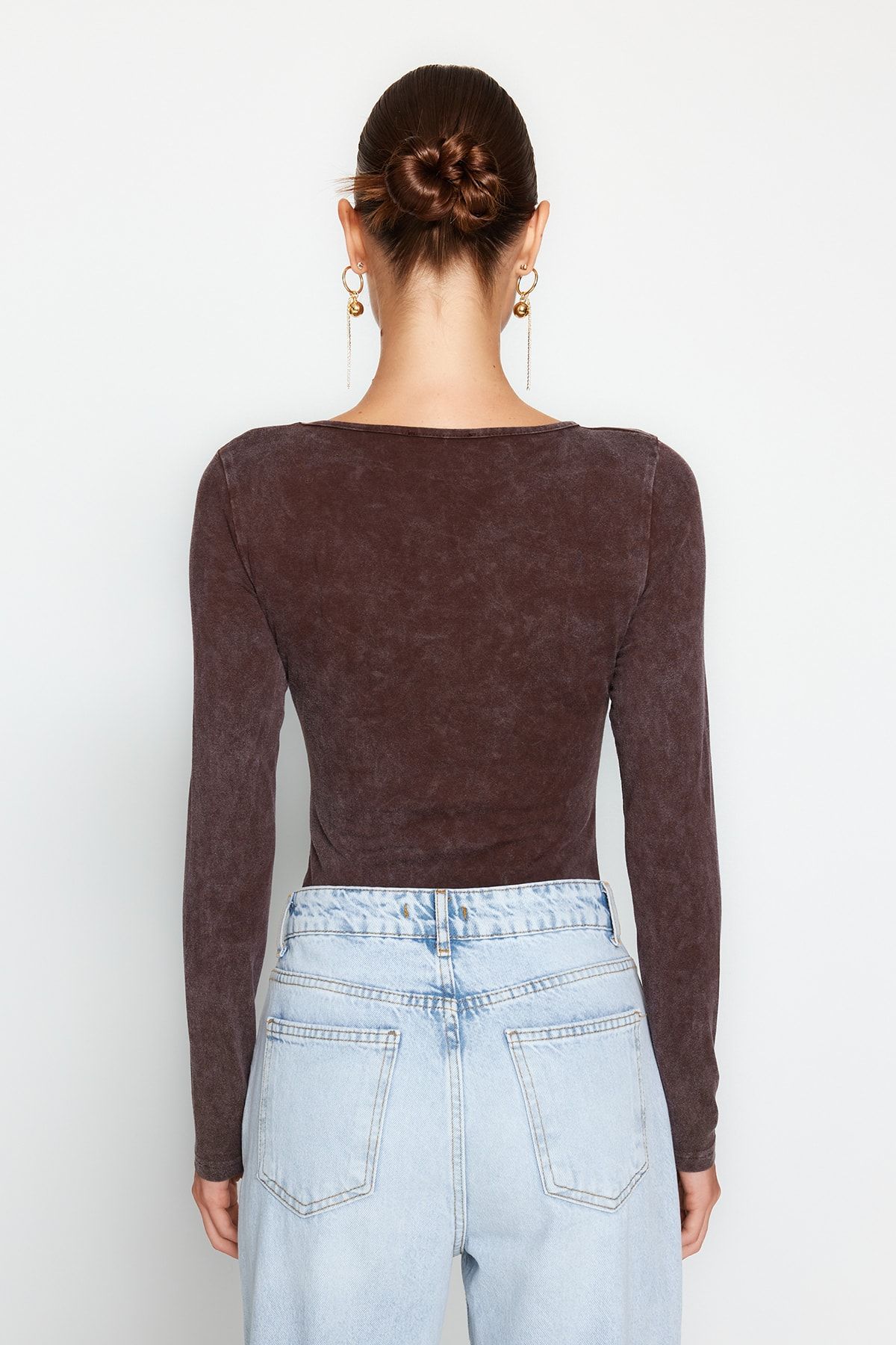 Trendyol Collection-Barna antik/sápadt hatású pamut hosszú ujjú, sztreccs, kötött test test TWOAW24BD00044 6