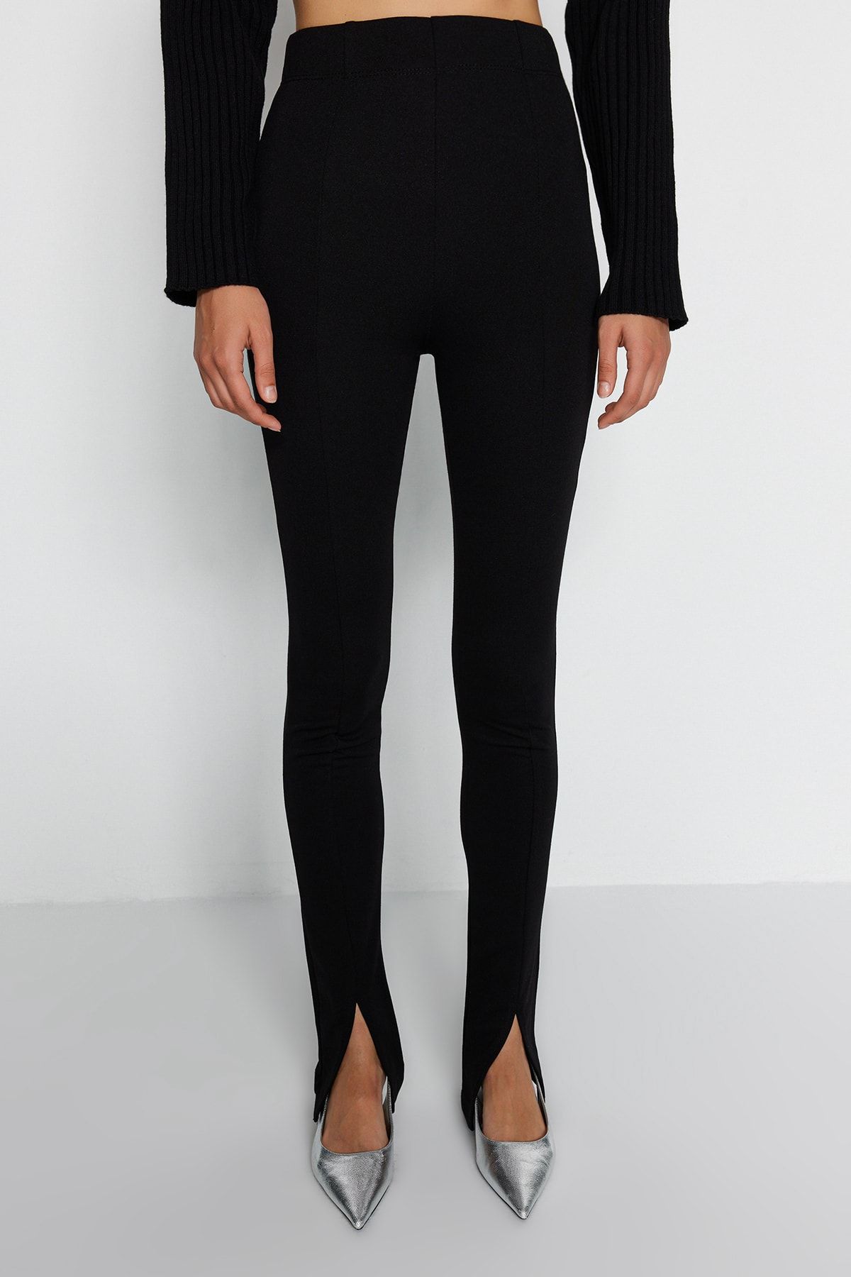 Trendyol Collection-Schwarze, geschlitzte, dehnbare, gestrickte, hohe Hose mit Details TWOAW22PL0323 4