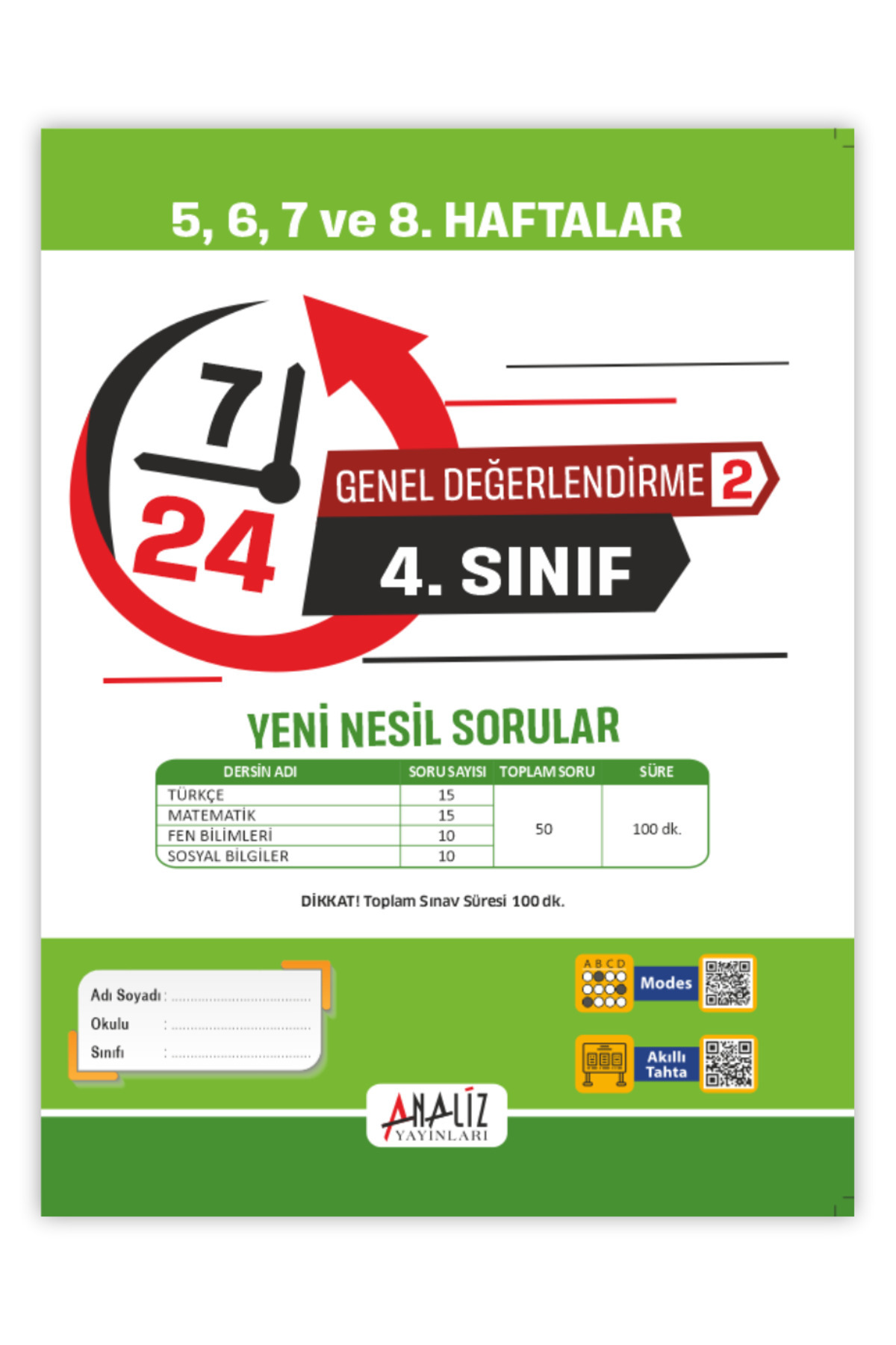 Analiz Yayınları 4.SINIF 7/24 HAFTALIK GENEL DEĞERLENDİRME SINAVI 8'Lİ