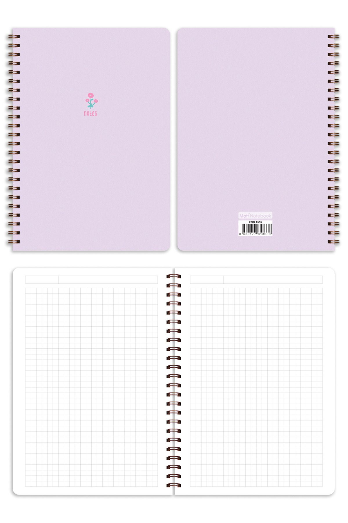 Matt Notebook-دفتر مدرسي حلزوني مقاس A5 80 ورقة، مجموعة من 4 - مربعات 5