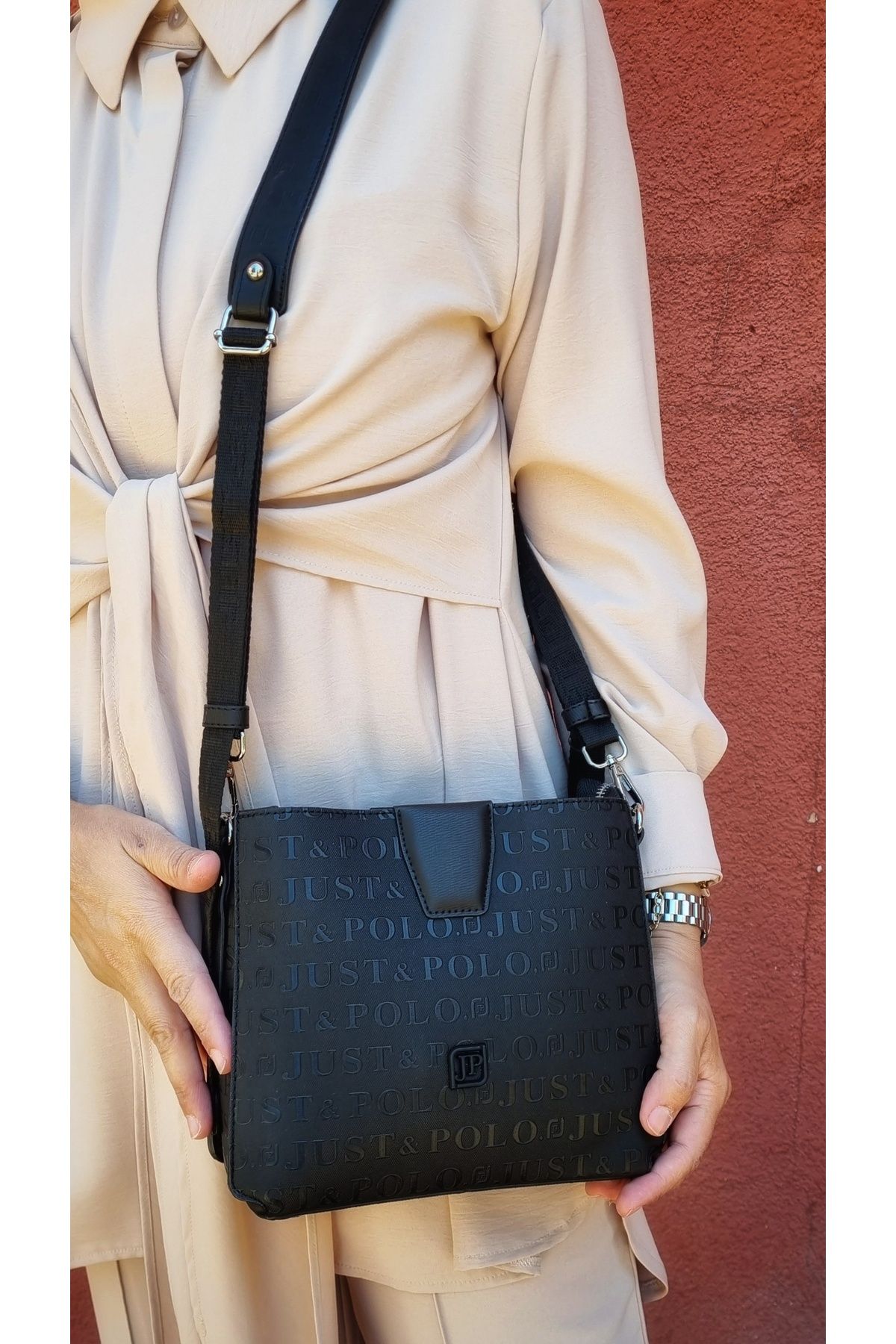Just Polo Women s Black Two Strap Shoulder Bag with 3 Main