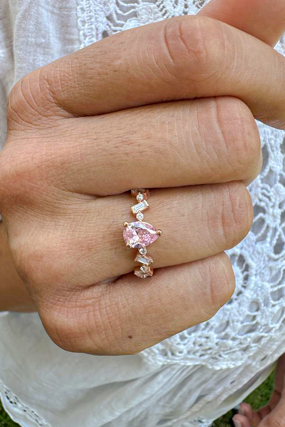Kadın 925 Ayar Bagetli Pembe Kuvars Rose Altın Kaplama Gümüş Yüzük 3