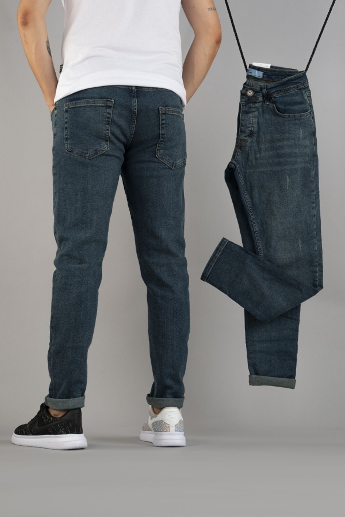 bombe-Męskie spodnie jeansowe slim fit z mankietami 6