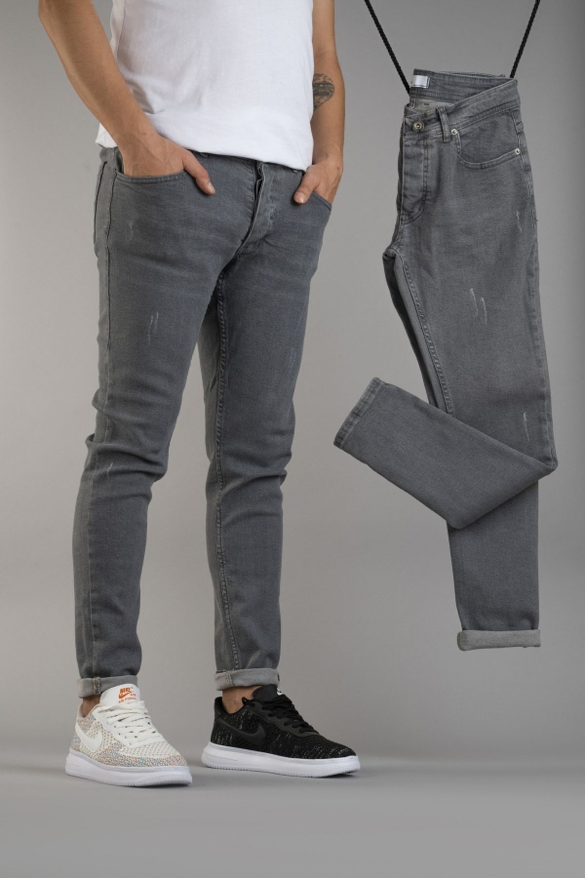 bombe-Męskie spodnie jeansowe slim fit z mankietami 3