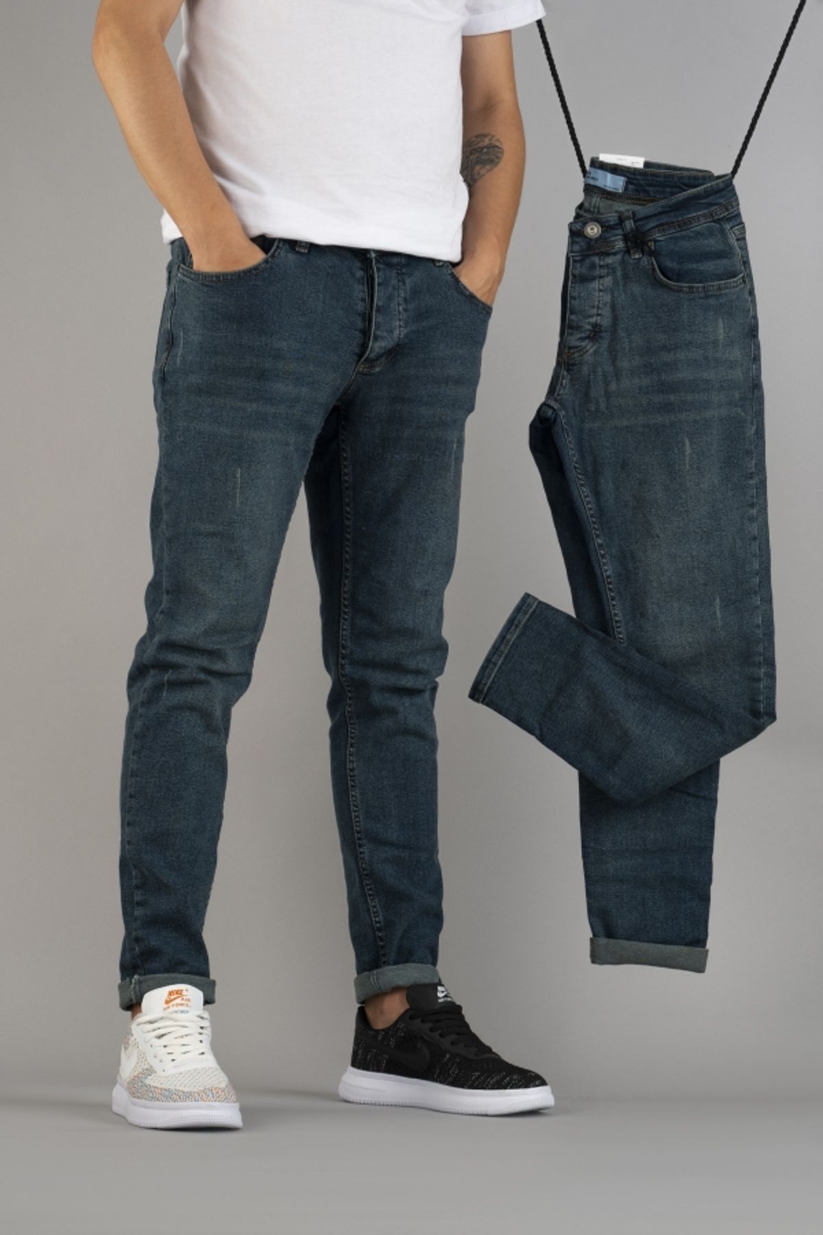 bombe-Męskie spodnie jeansowe slim fit z mankietami 7