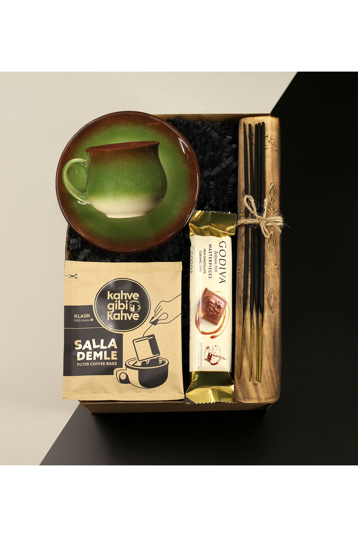 Vintage Cup & Incense Plate & Incense & Coffee Like Coffee Filter Coffee & Godiva Chocolate Gift Set