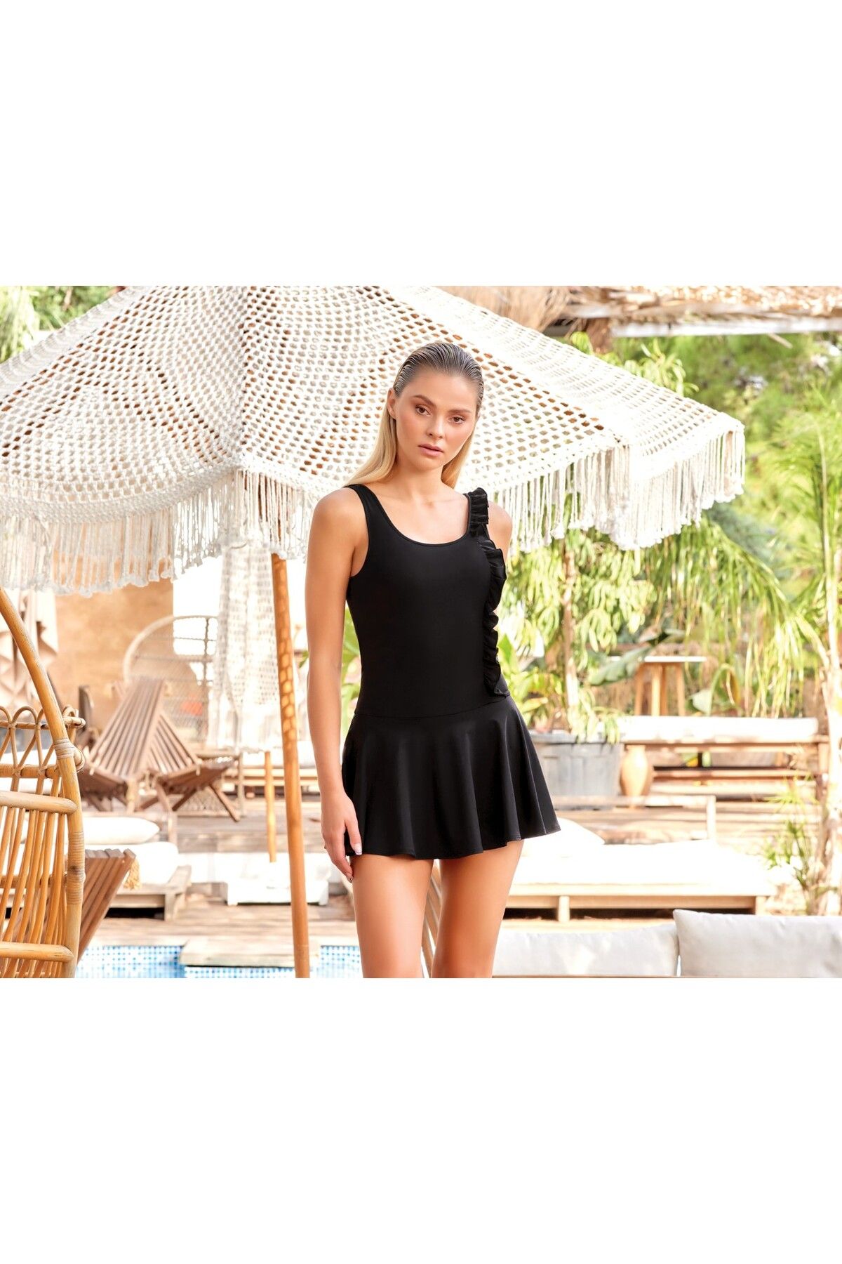 Black one-piece top ruffle skirt swimsuit