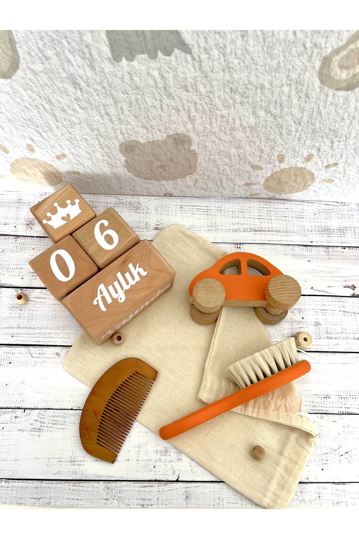 Bebek anı küpü ve ahşap dekor 4lü set turuncu ,dekor hediyelik