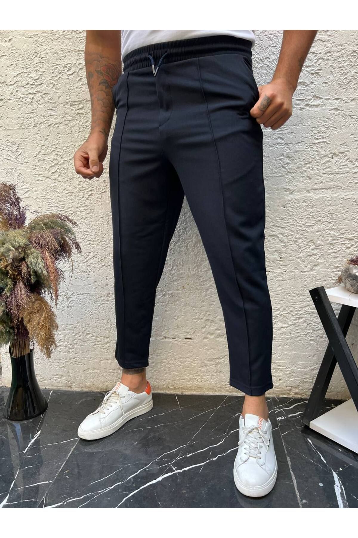 ElitWear Men s Casual Cut Striped Navy Blue Fabric Trousers Trendyol