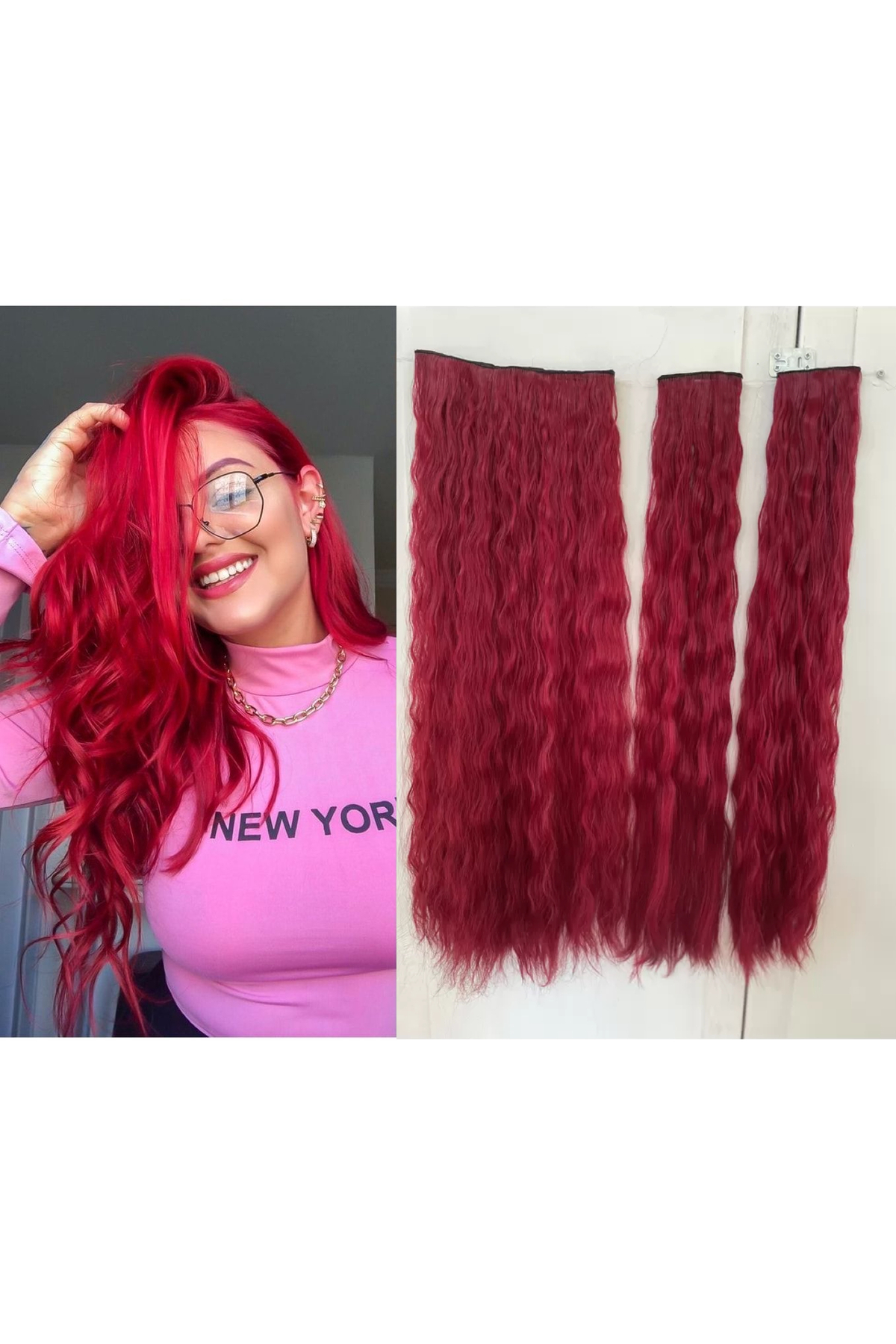 REMY HAİR Kızıl Afro Dalgalı Uzun Yarım Ay Saç – Sentetik Çıt Çıt – 3 Parça