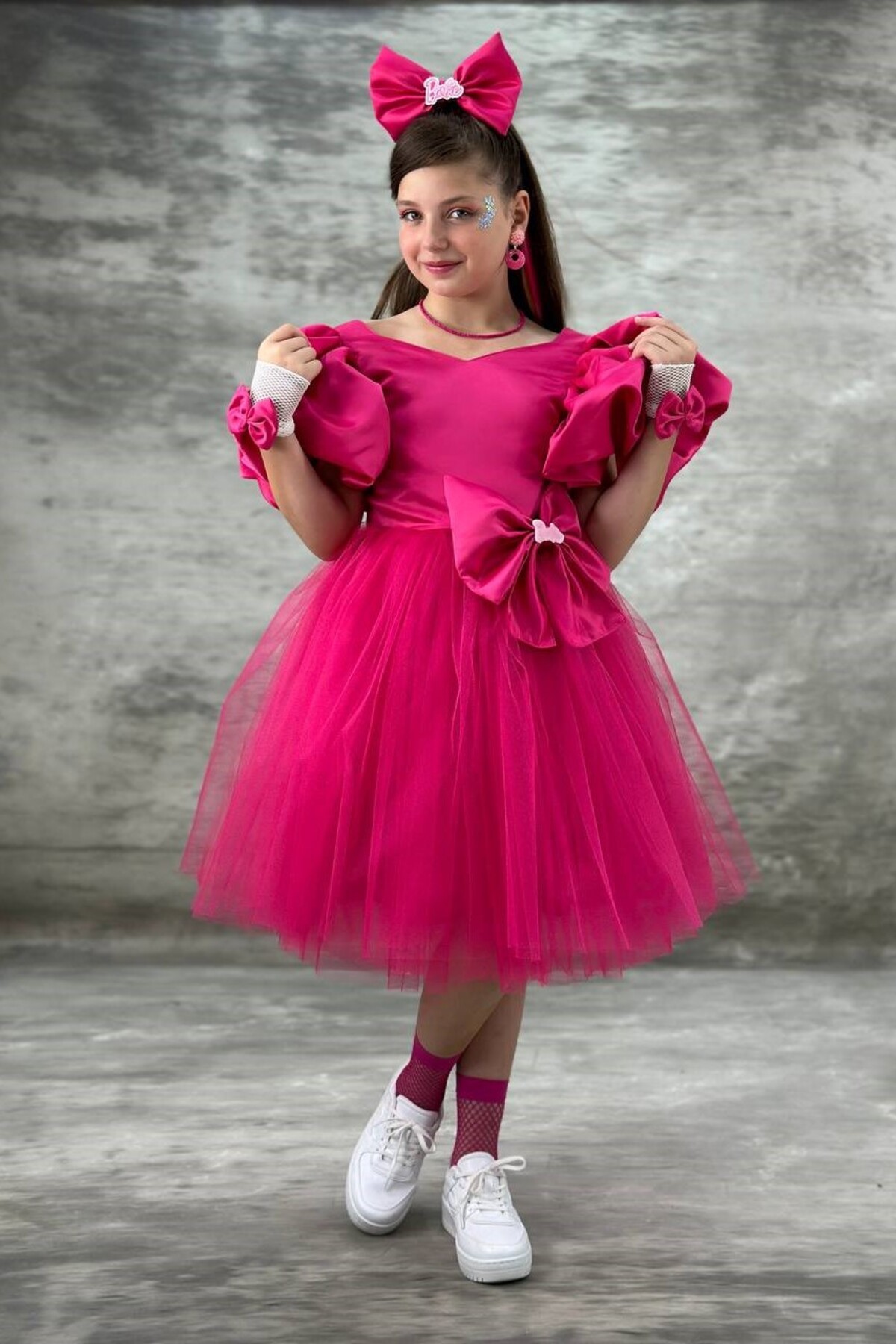 Barbie Tokalı Fuşya Tarz Çocuk Elbisesi ABY930