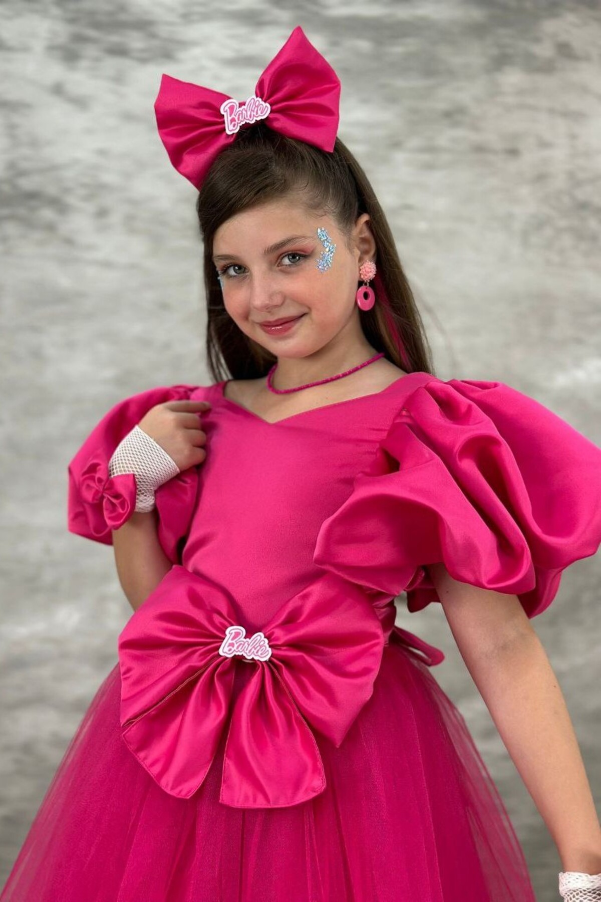 Barbie Tokalı Fuşya Tarz Çocuk Elbisesi ABY930