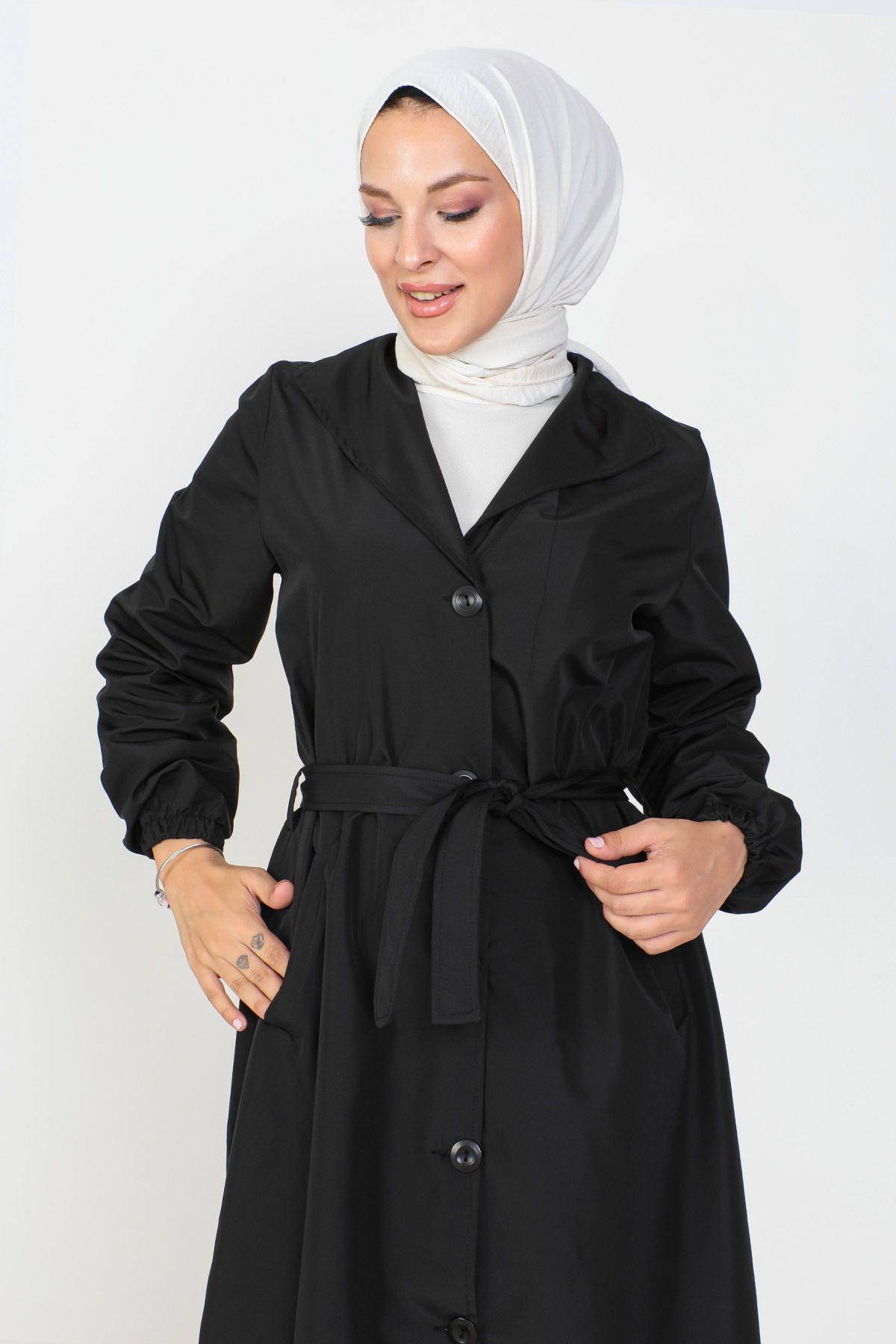 Tesett r D nyas Tie Waist Trench Coat TSD230808 Black Trendyol