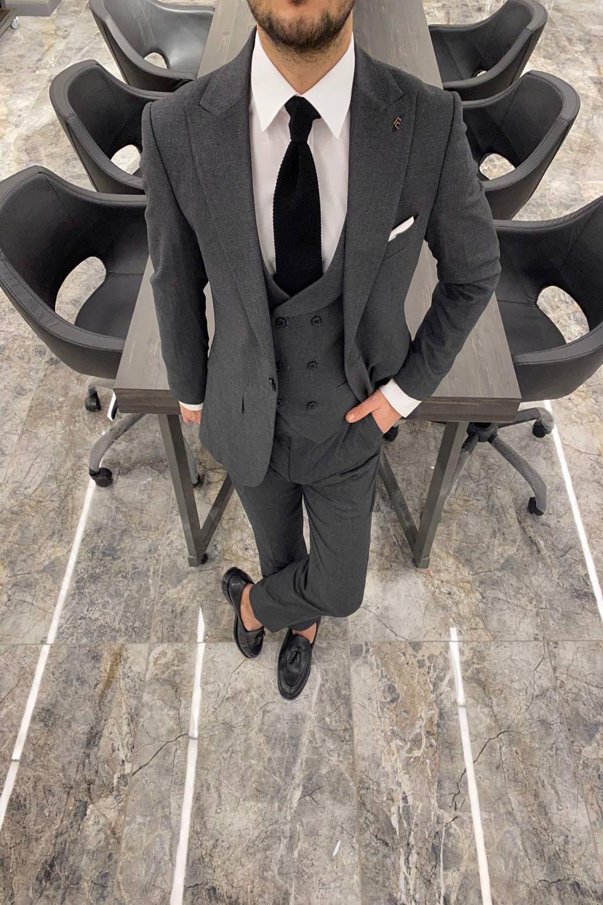 Fc Plus  GENİŞ YAKA DÜZ YELEKLİ ANTRASİT TAKIM ELBİSE - Görsel 2