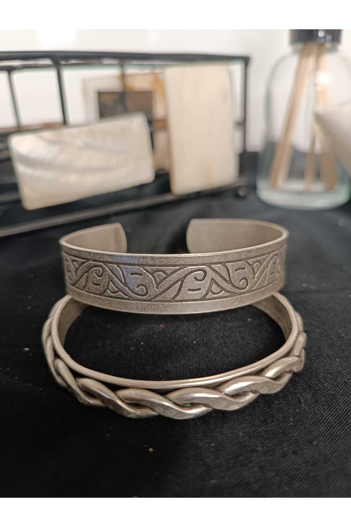 %100 Saf Bakır Bileklik Motifli Burgulu Set-Gümüş Kaplamalı Enli