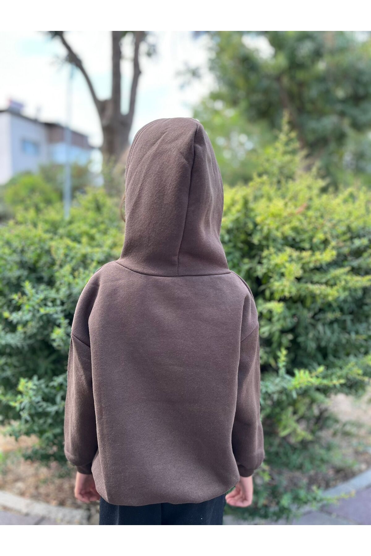 MORNİNG KİDS Kız Çocuk Kapşonlu Minimal Kalpler Baskılı Kahverengi Sweatshirt fotoğrafı 4 (önizleme)