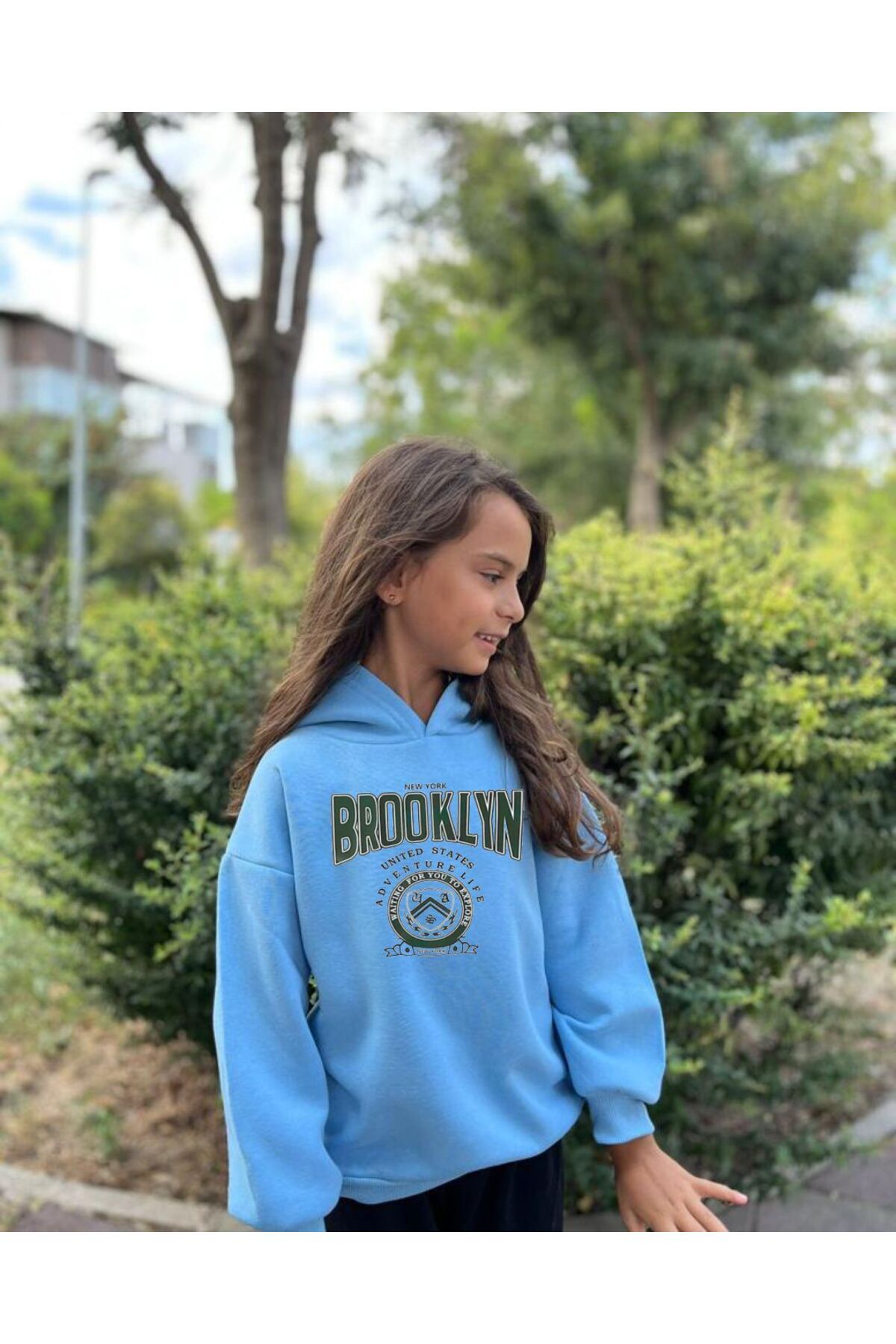 MORNİNG KİDS Çocuk Kapşonlu Yeşil Brooklyn Baskılı Bebe Mavi Sweatshirt fotoğrafı 2 (önizleme)