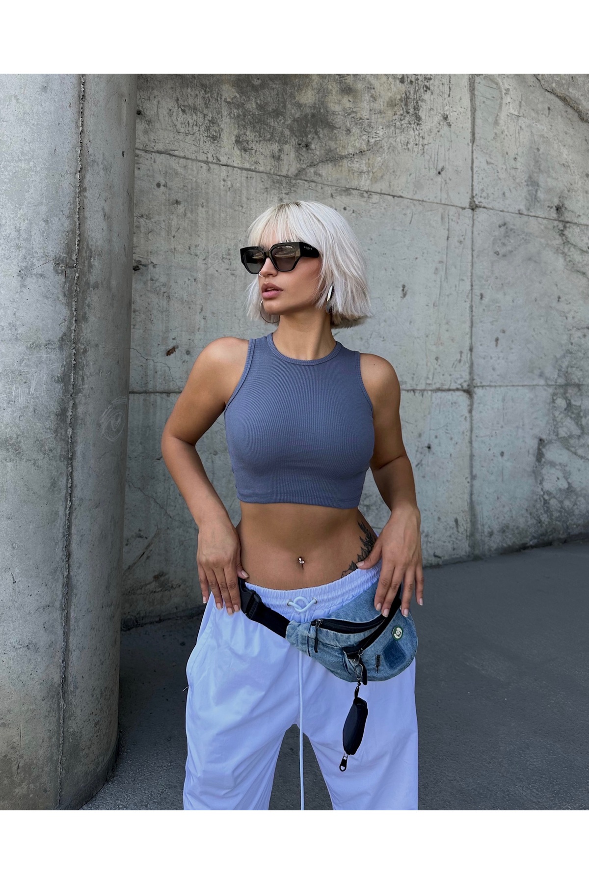 KADIN FİTİLLİ KAŞKORSE BASİC CROP BLUZ - Füme