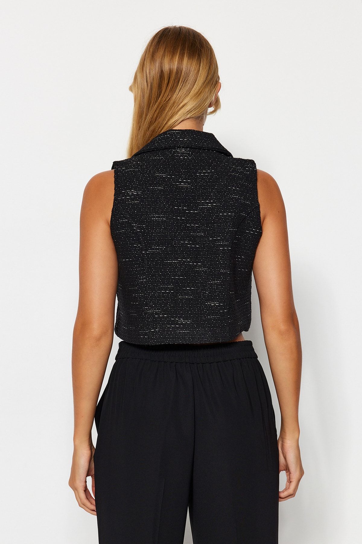 Trendyol Collection-Black Fitted Crop Glitter Fabric Woven Vest TWOAW24YE00056 5