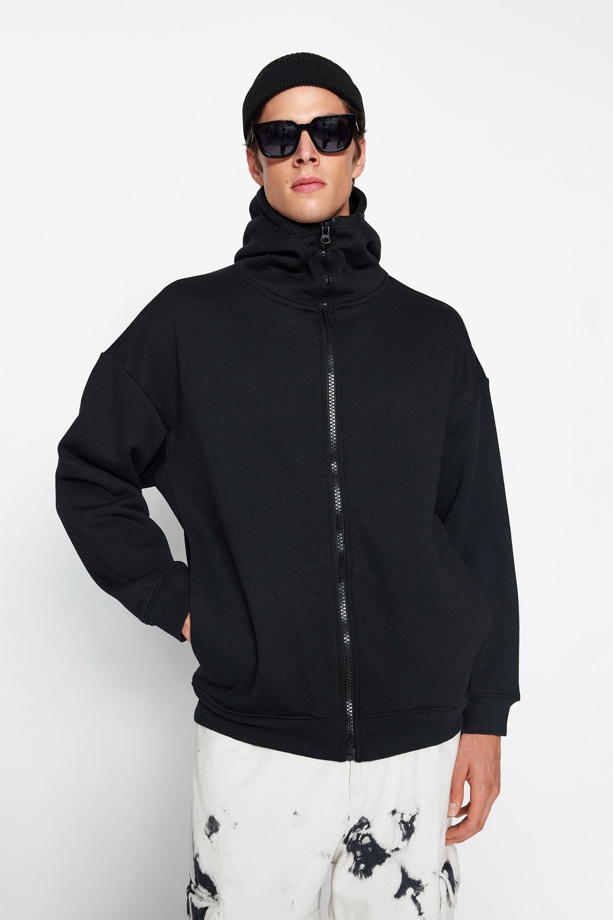 Trendyol Collection-Fekete túlméretes/széles szabású cipzáras polár belül/melegen tartó kapucnis pulóver-kardigán TMNAW24SW00049 3
