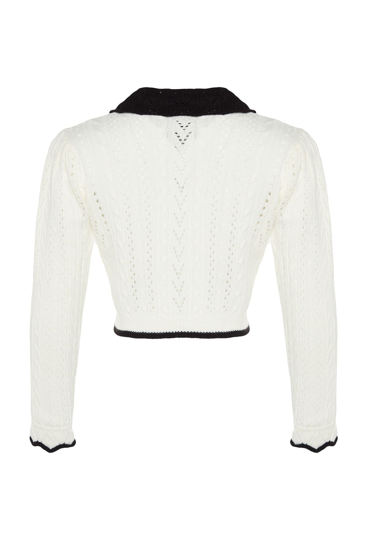Trendyol Collection-Sweter z dzianiny w kolorze ecru - Crop Size, ażurowa/dziurkowa wstążka, detal kokardki Twoaw24Kz01055 9