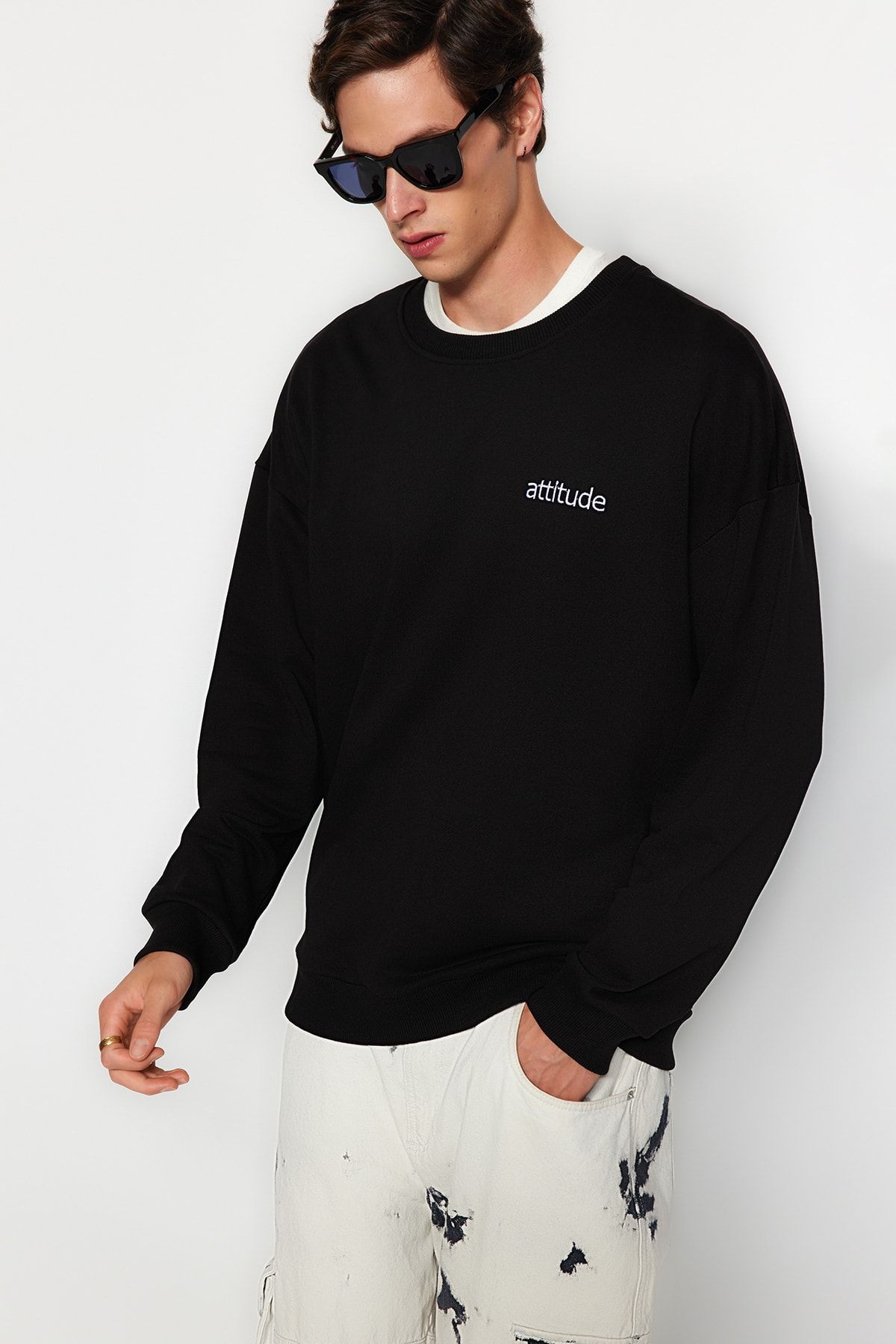 Trendyol Collection Black Men s Premium Oversize Wide Cut Text
