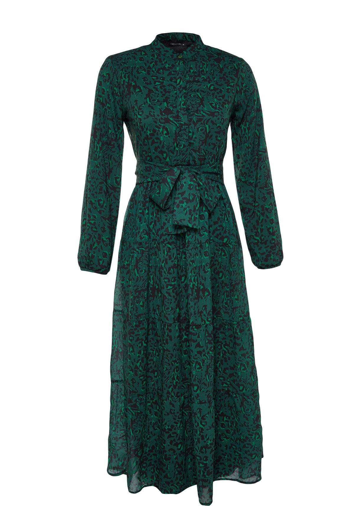 Trendyol Modest-Sötétzöld mintás öv részletesen bélelt sifon szőtt ruha TCTSS21EL3346 7