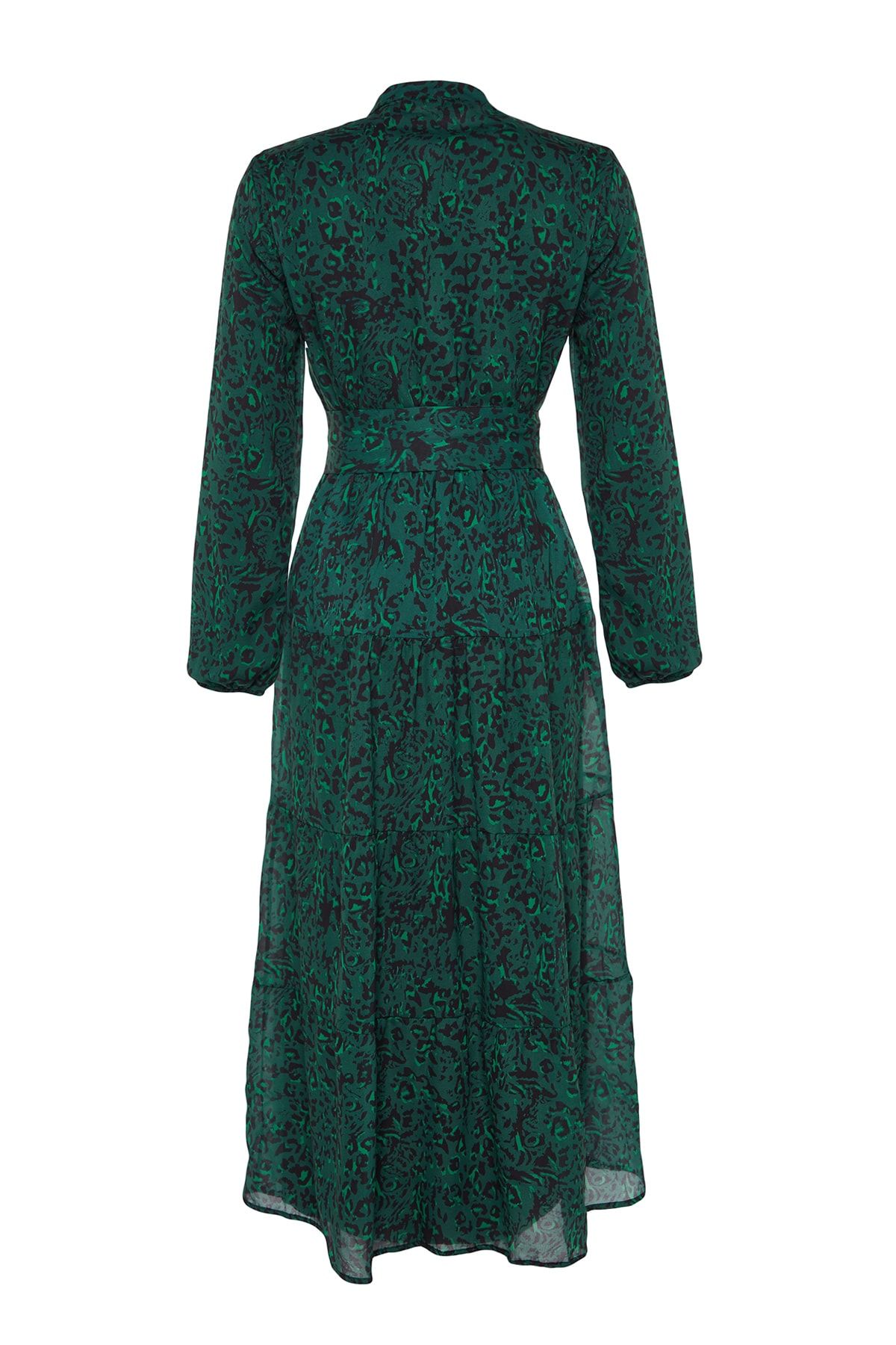 Trendyol Modest-Sötétzöld mintás öv részletesen bélelt sifon szőtt ruha TCTSS21EL3346 9