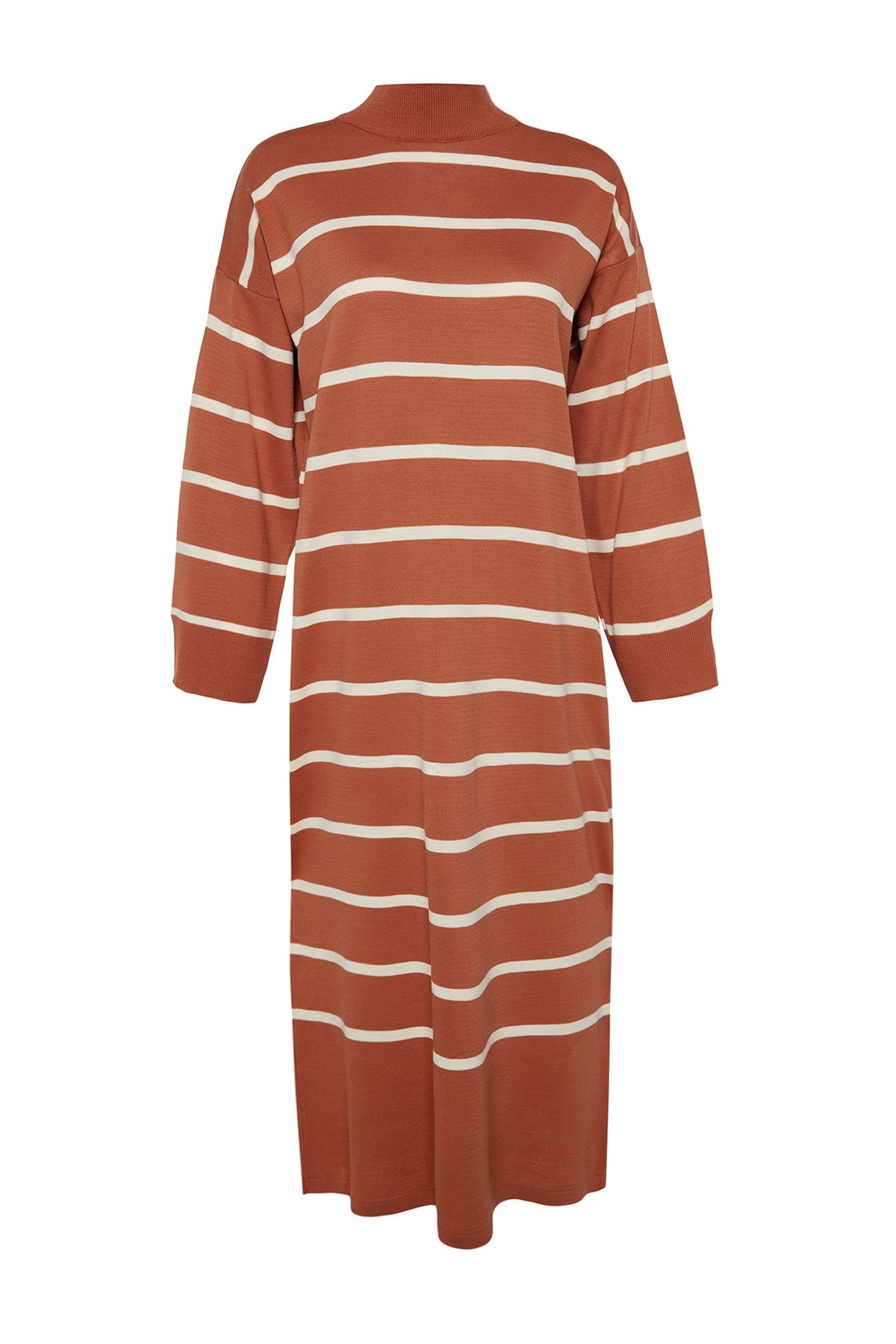 Trendyol Modest-Детайлна трикотажна рокля с цепки на светлокафяви райета TCTAW24EB00018 6