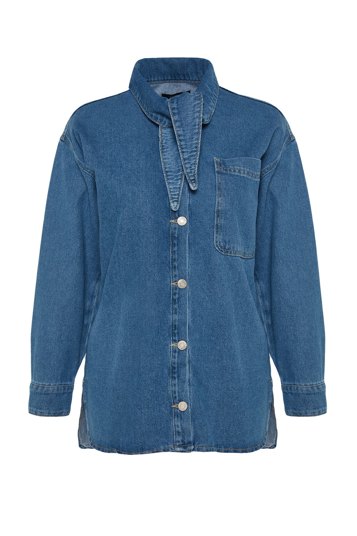 TRENDYOL MODEST Blue Collar Tie Detail Denim Jeans Jacket