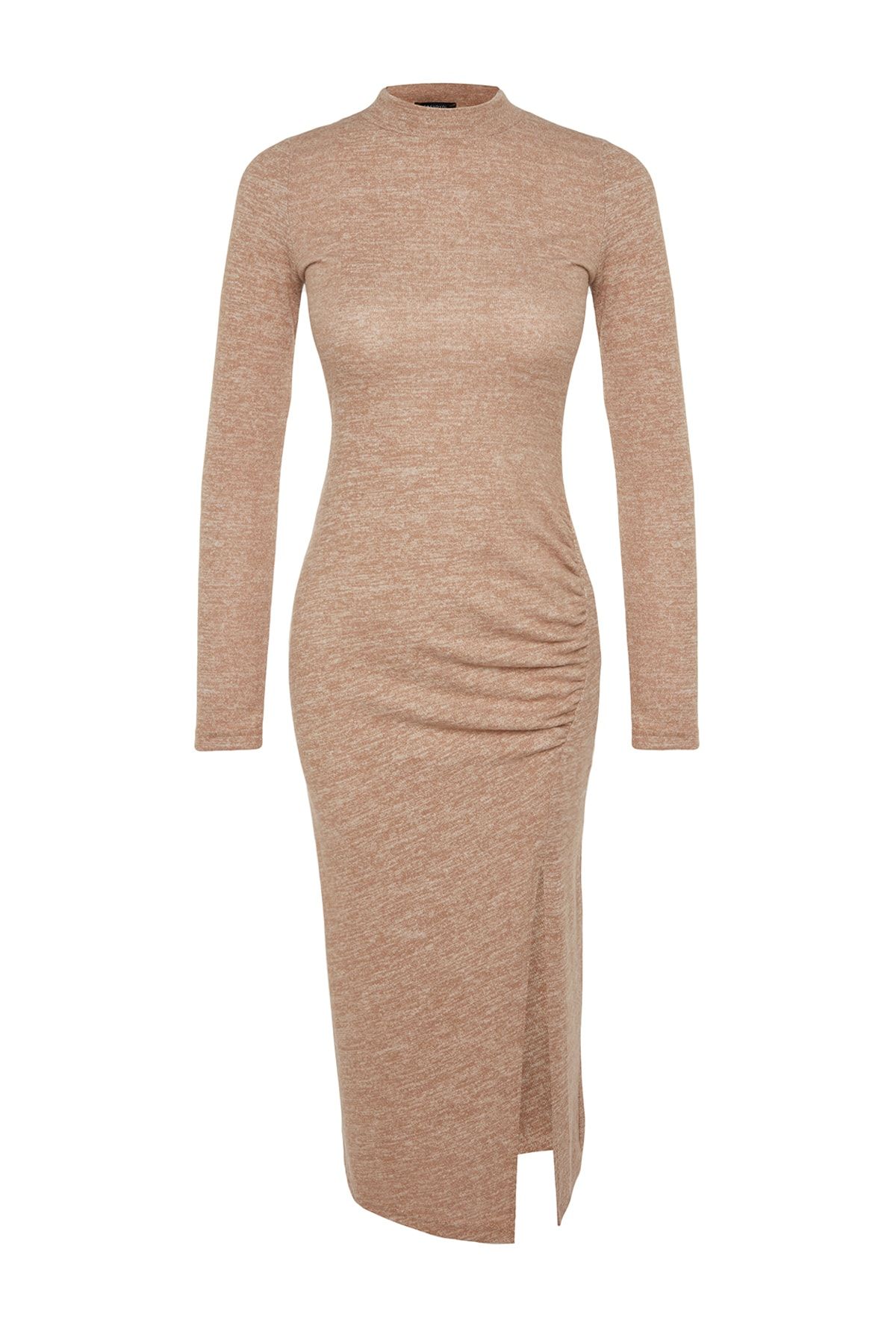 Trendyol Collection-Beigefarbenes, weiches Midi-Strickkleid mit Rundhalsausschnitt, Schlitz und Raffungsdetail TWOAW24EL00246 6