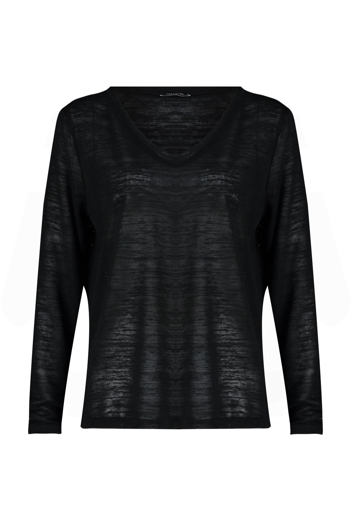 Trendyolmilla  Siyah V Yaka Keten Görünümlü Uzun Kollu Regular/Normal Kalıp Örme Bluz TWOAW24BZ00054 - Görsel 7