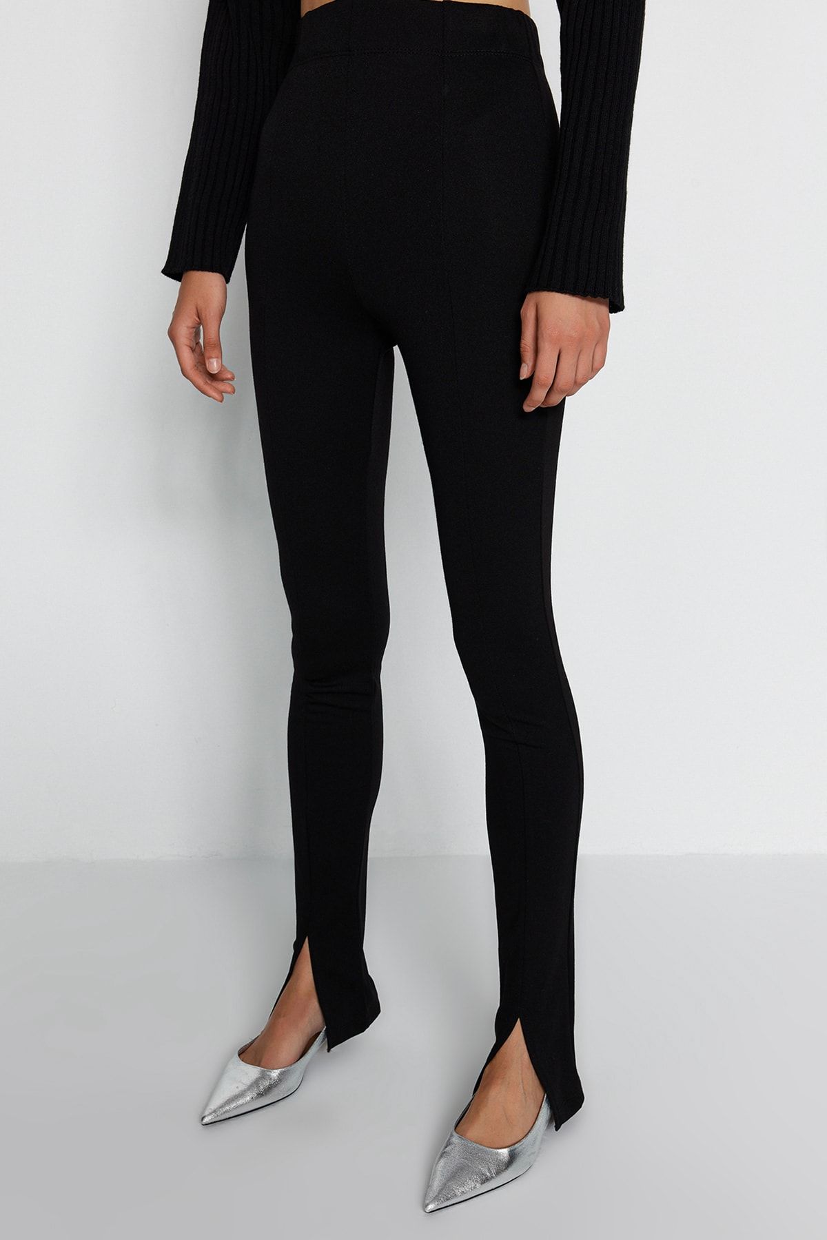 Trendyol Collection-Schwarze, geschlitzte, dehnbare, gestrickte, hohe Hose mit Details TWOAW22PL0323 5