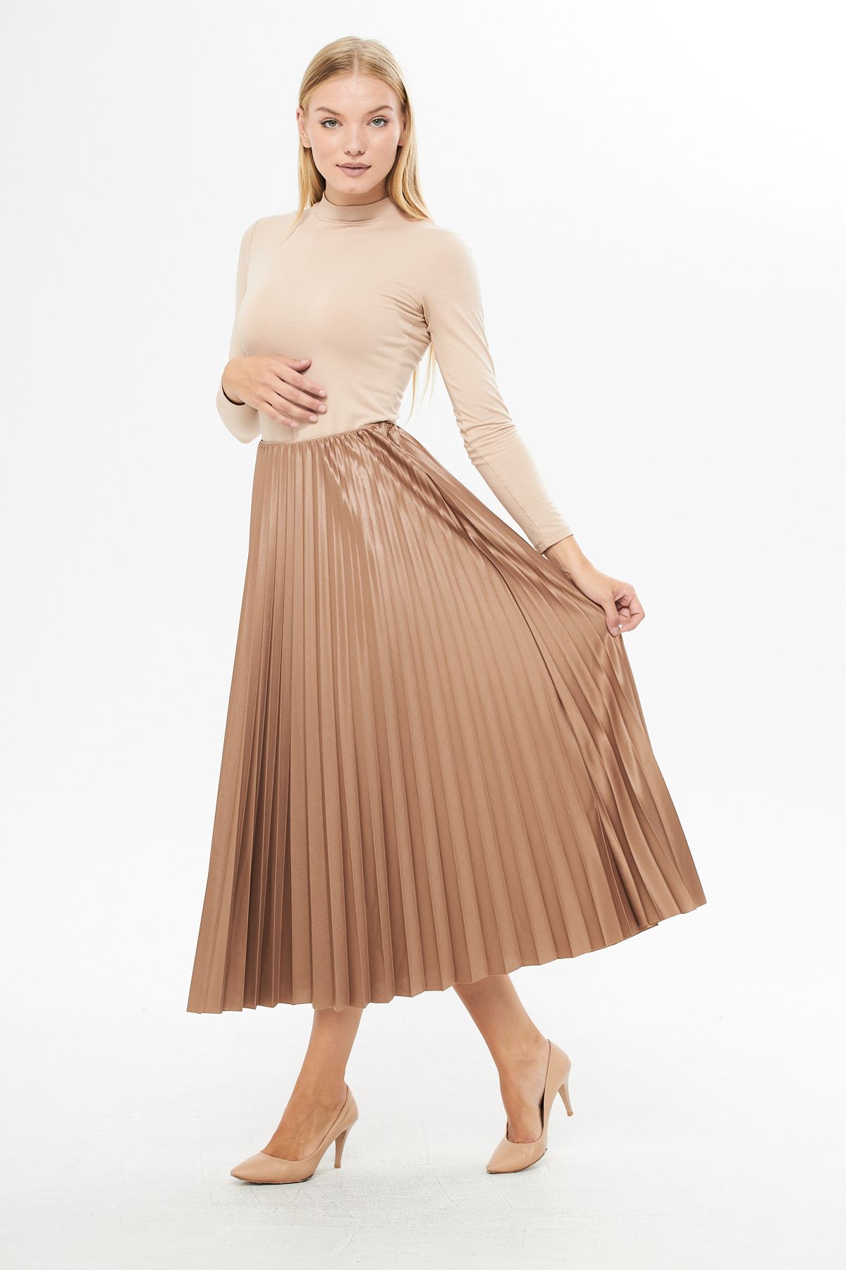 comstar Cream Leather Look Thin Pleated Skirt Special Occasion