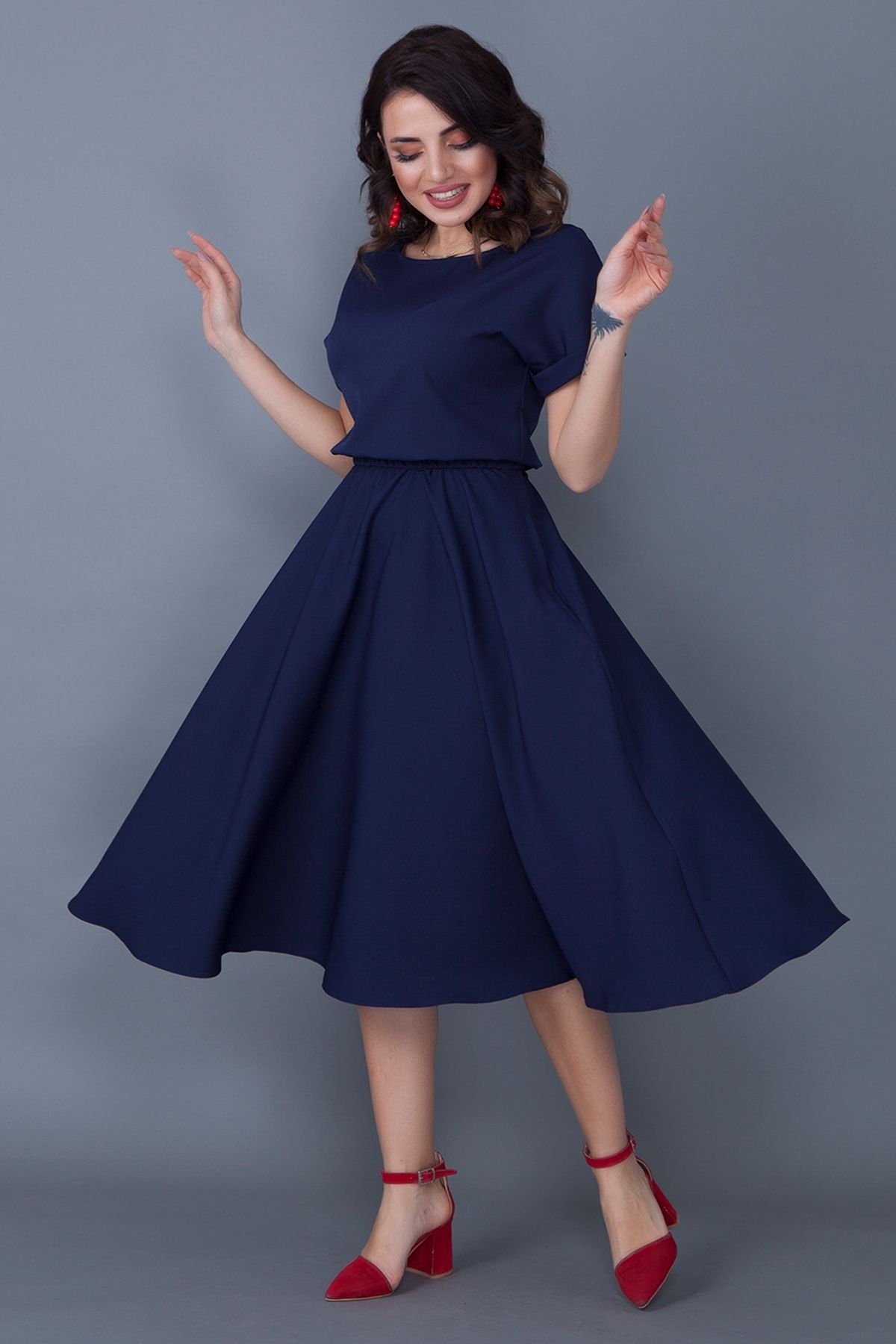 bayansepeti Navy Blue Flexible Atlas Fabric Midi Length Waist